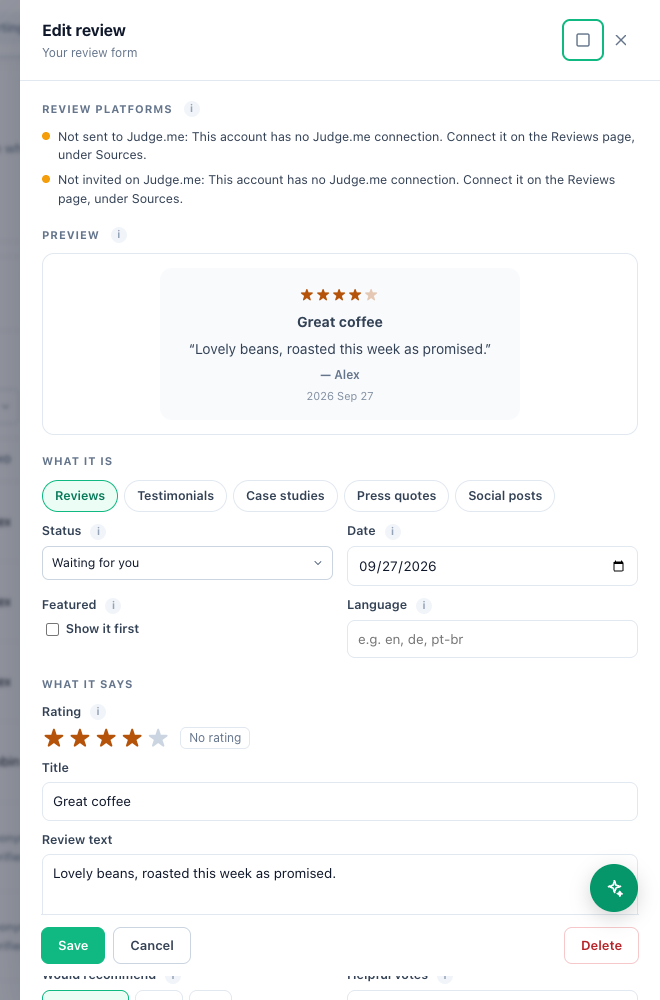 The Review platforms section of a review