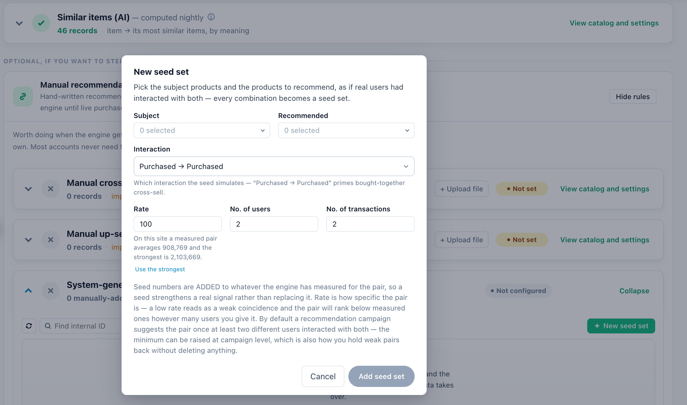 Het dialoogvenster Nieuwe seedset met Onderwerp, Aanbevolen, Interactie, Percentage, Aantal gebruikers en Aantal transacties