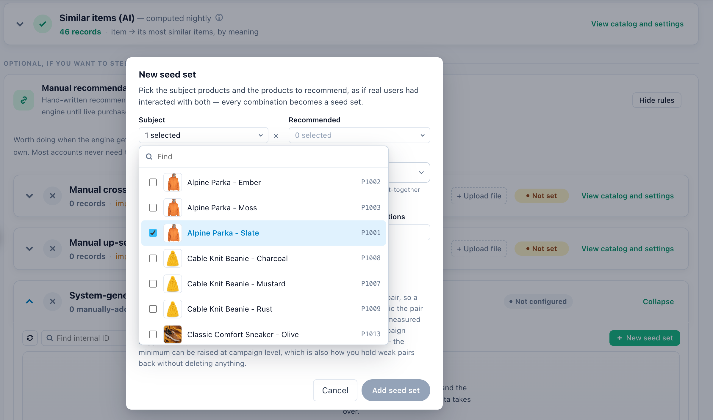 De productlijst voor Onderwerp geopend in het dialoogvenster Nieuwe seedset, doorzoekbaar, met productafbeeldingen en ID's