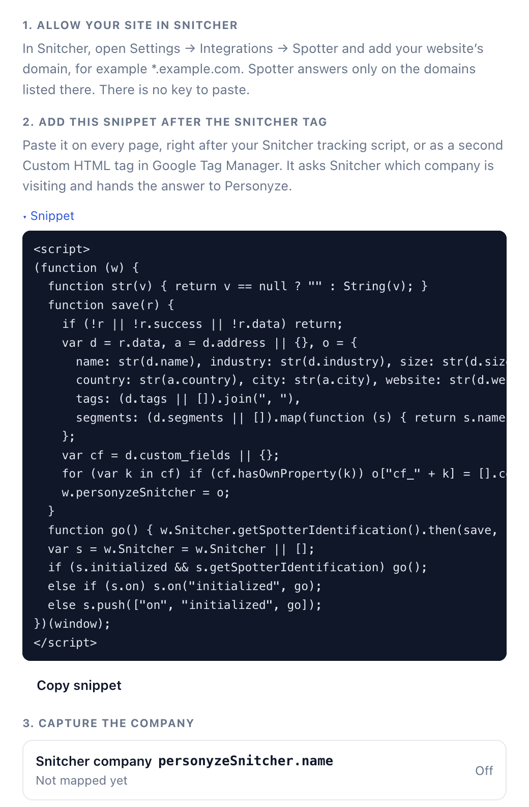 Snitcher setup steps in Personyze