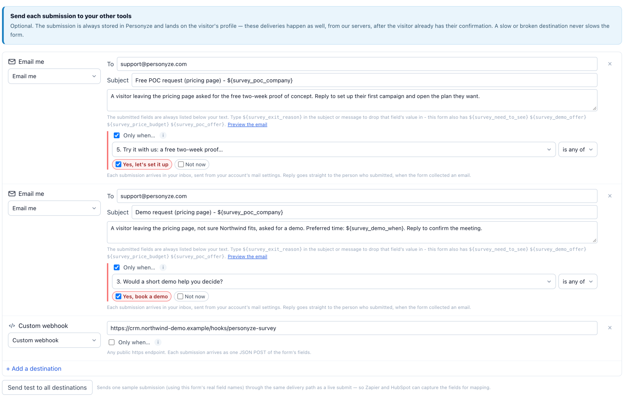 Where the answers go with two Email me rows limited by Only when and a Custom webhook row