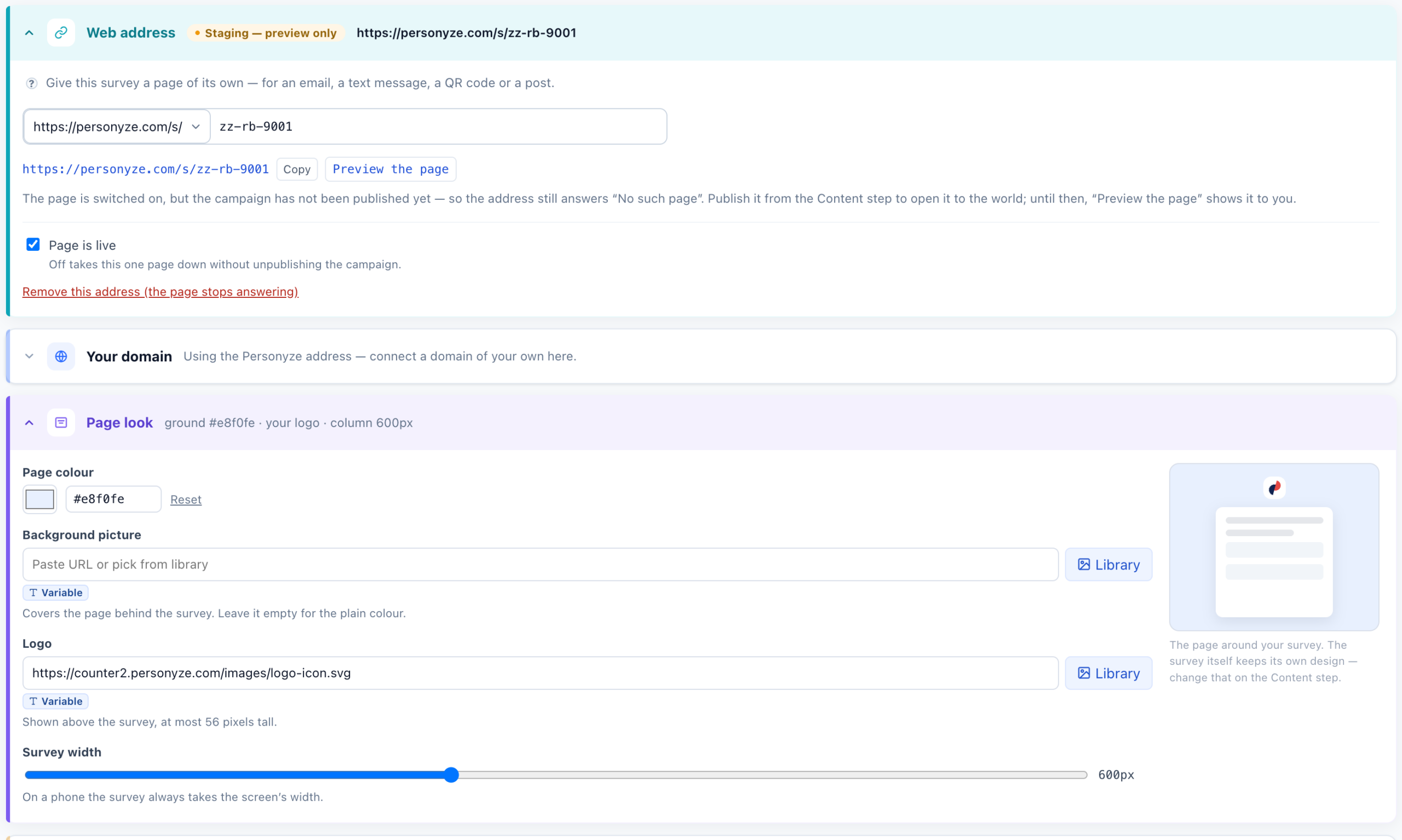 The Sharing step with the Web address and Page look sections open