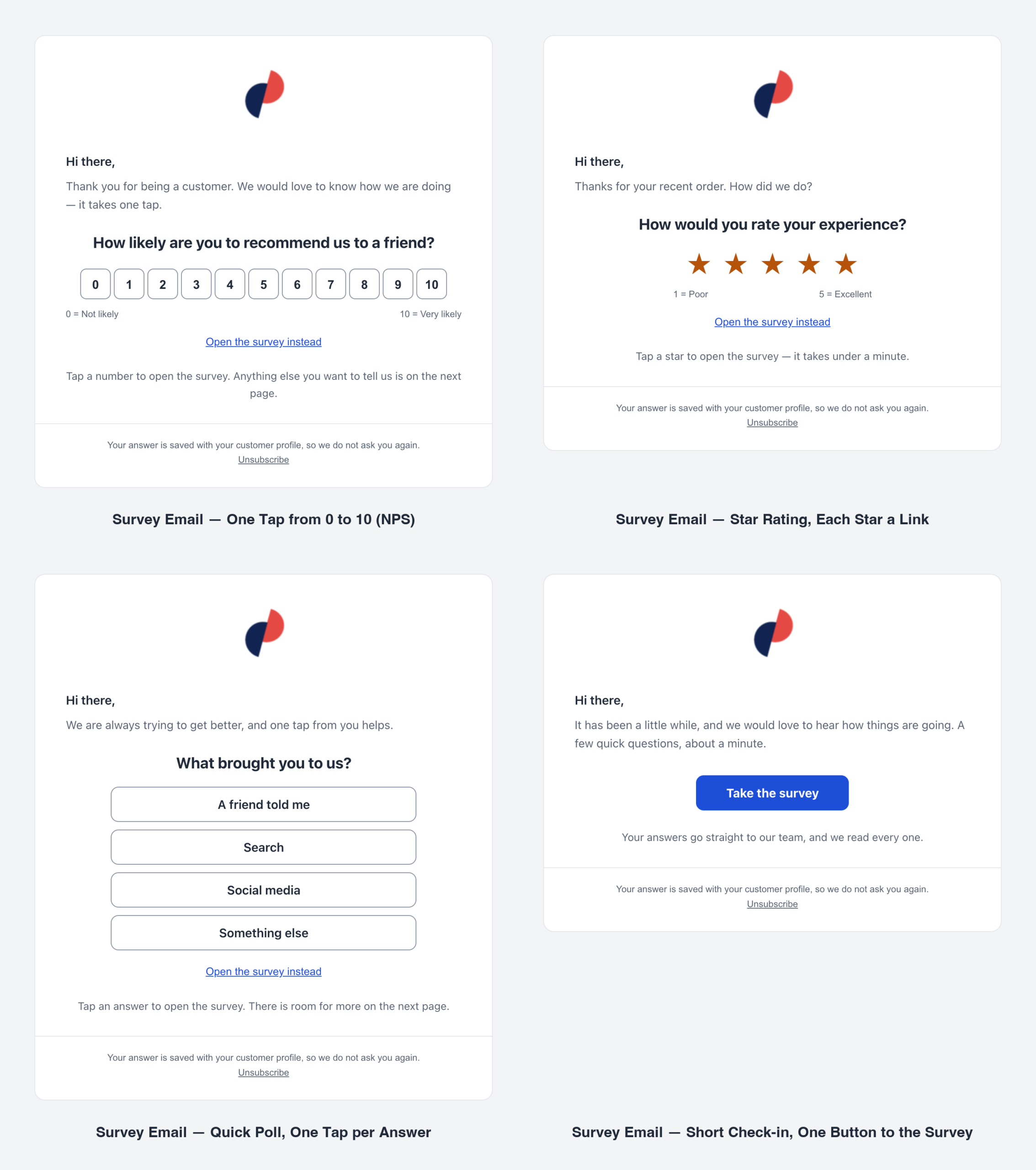 The four Survey by email designs side by side