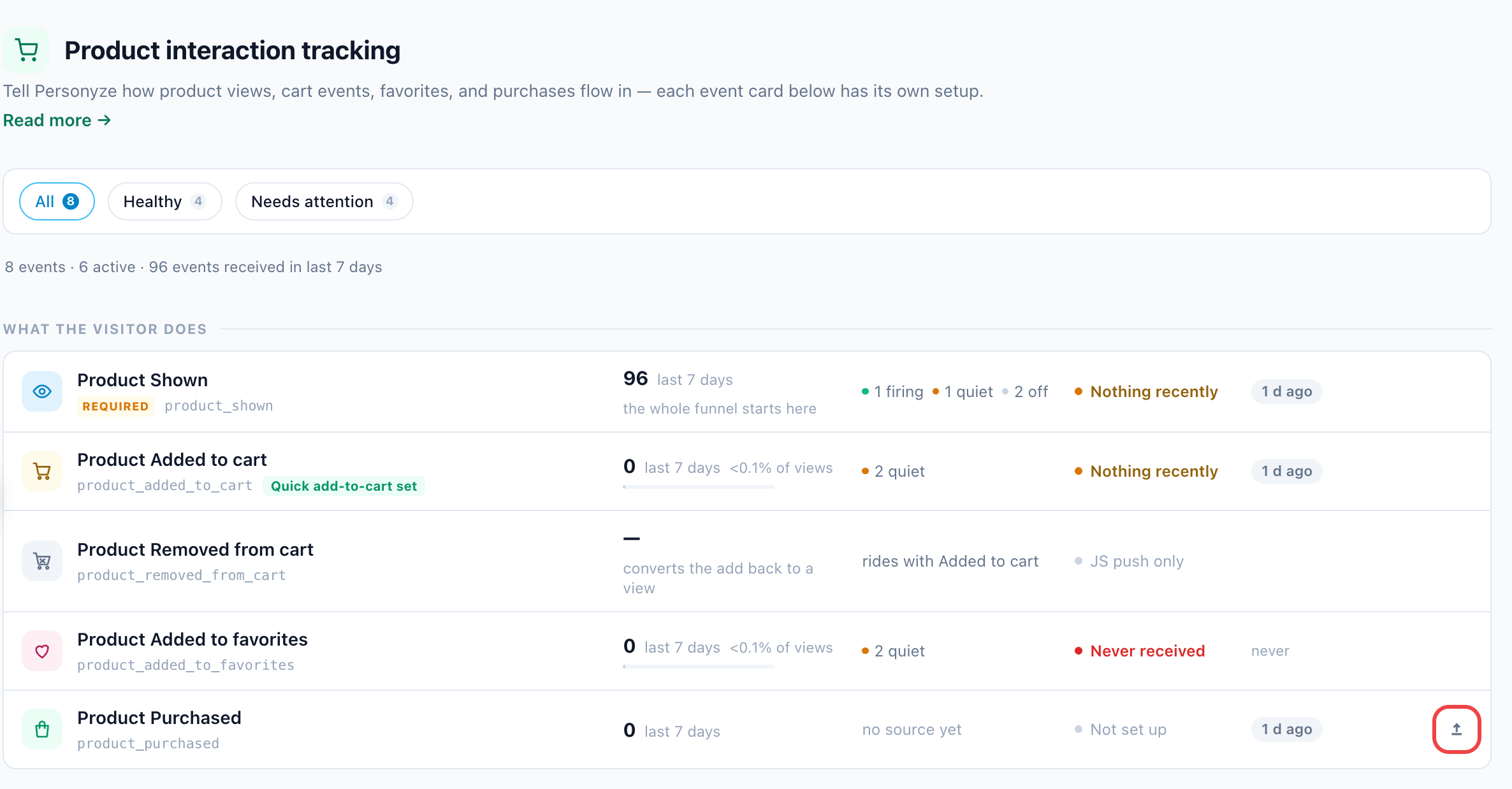 The Product Tracking screen, with the upload button on the Product Purchased row