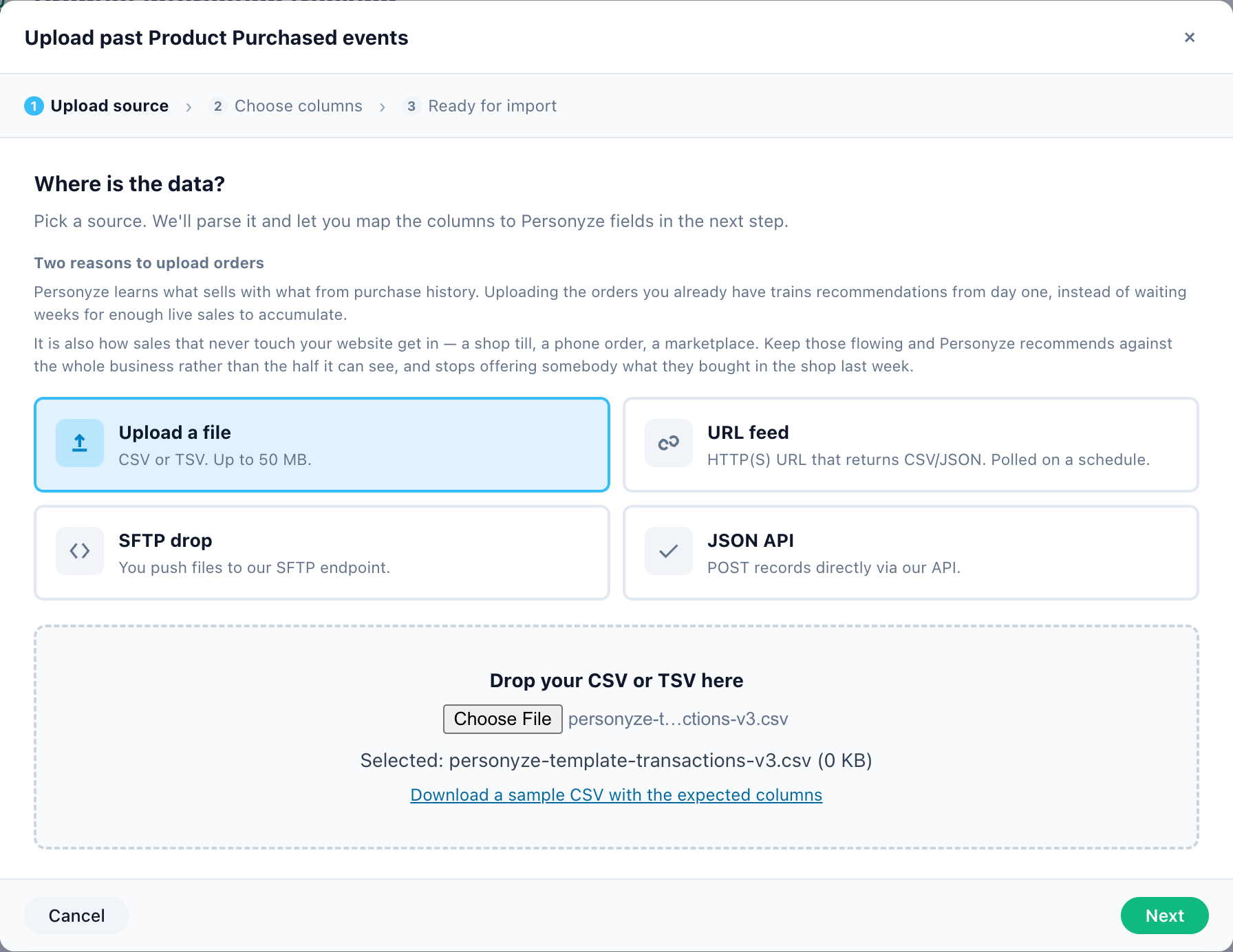 Step 1 of the upload wizard, with the example file chosen