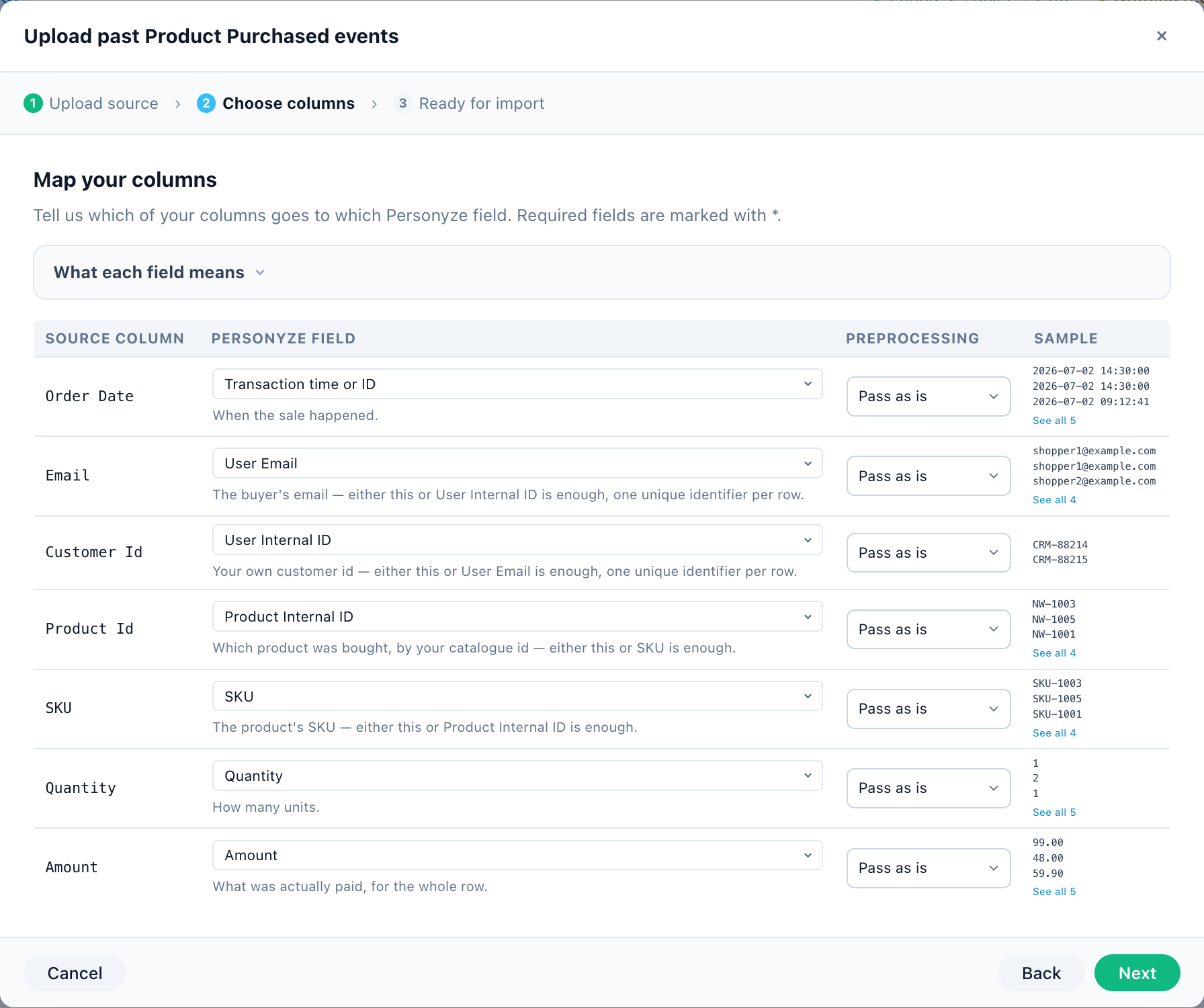 Step 2 of the upload wizard: every column of the example file mapped to a Personyze field