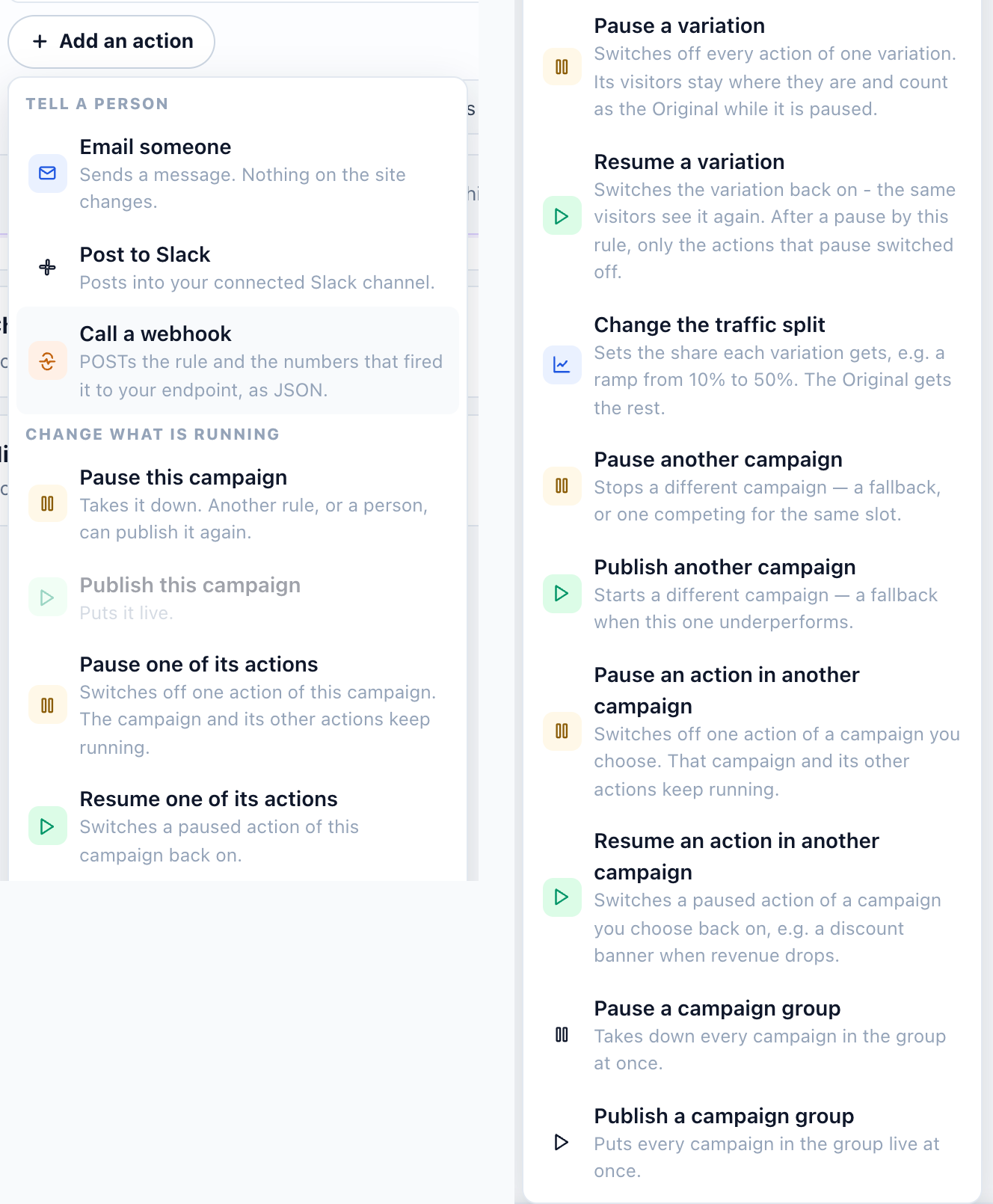 A rule's Add an action menu on an A/B campaign's Automation step