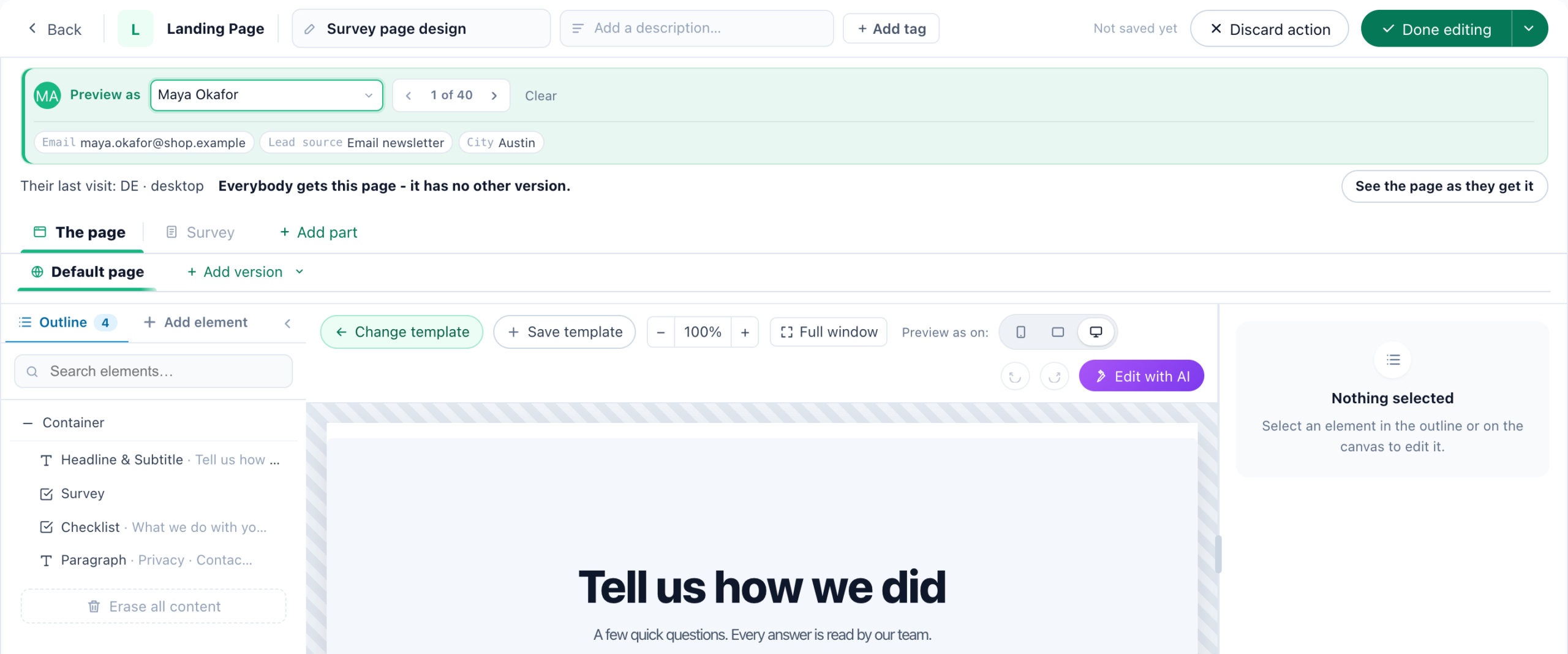 Preview as on a hosted landing page's editor