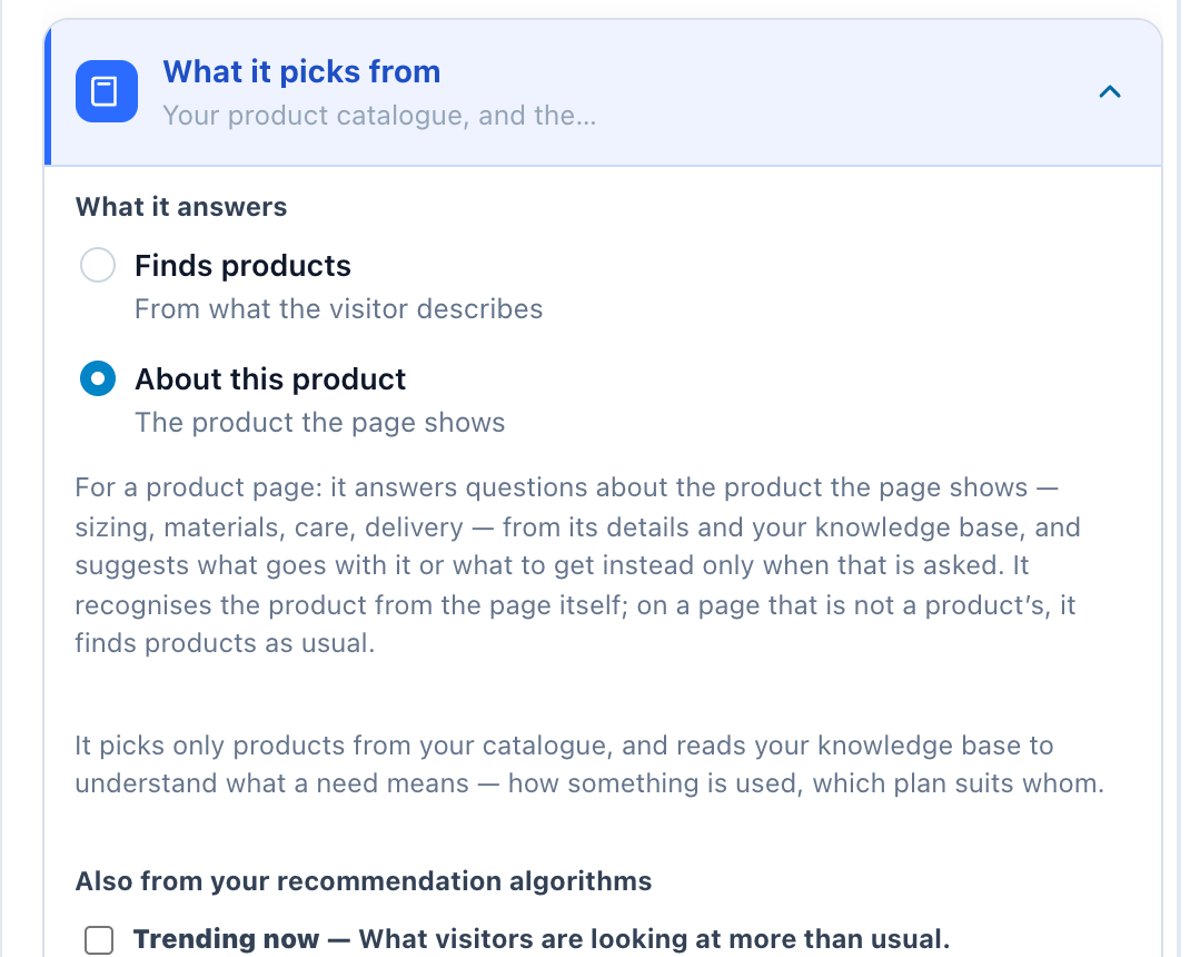 What it answers set to About this product