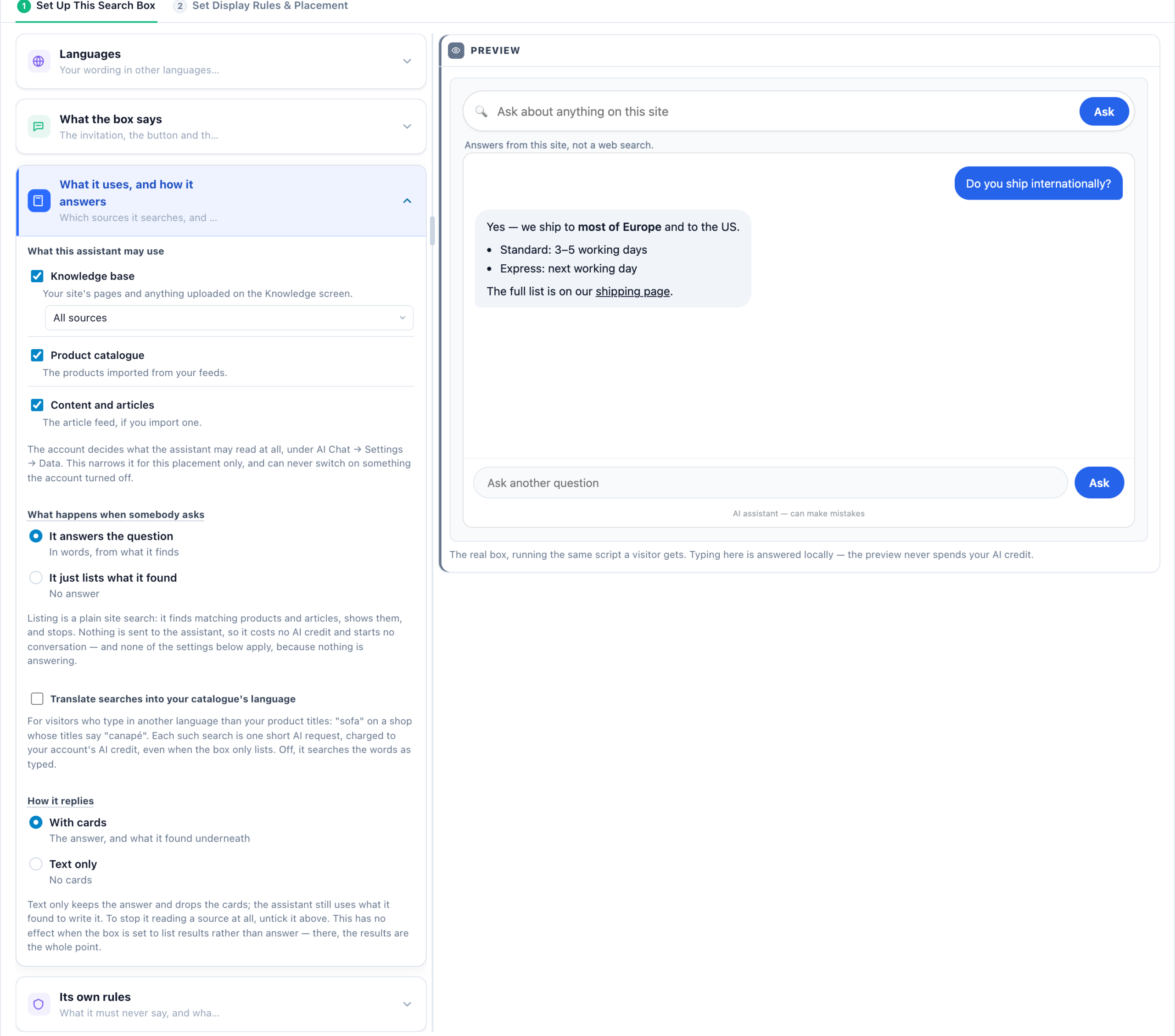The AI Search designer’s What it uses, and how it answers card