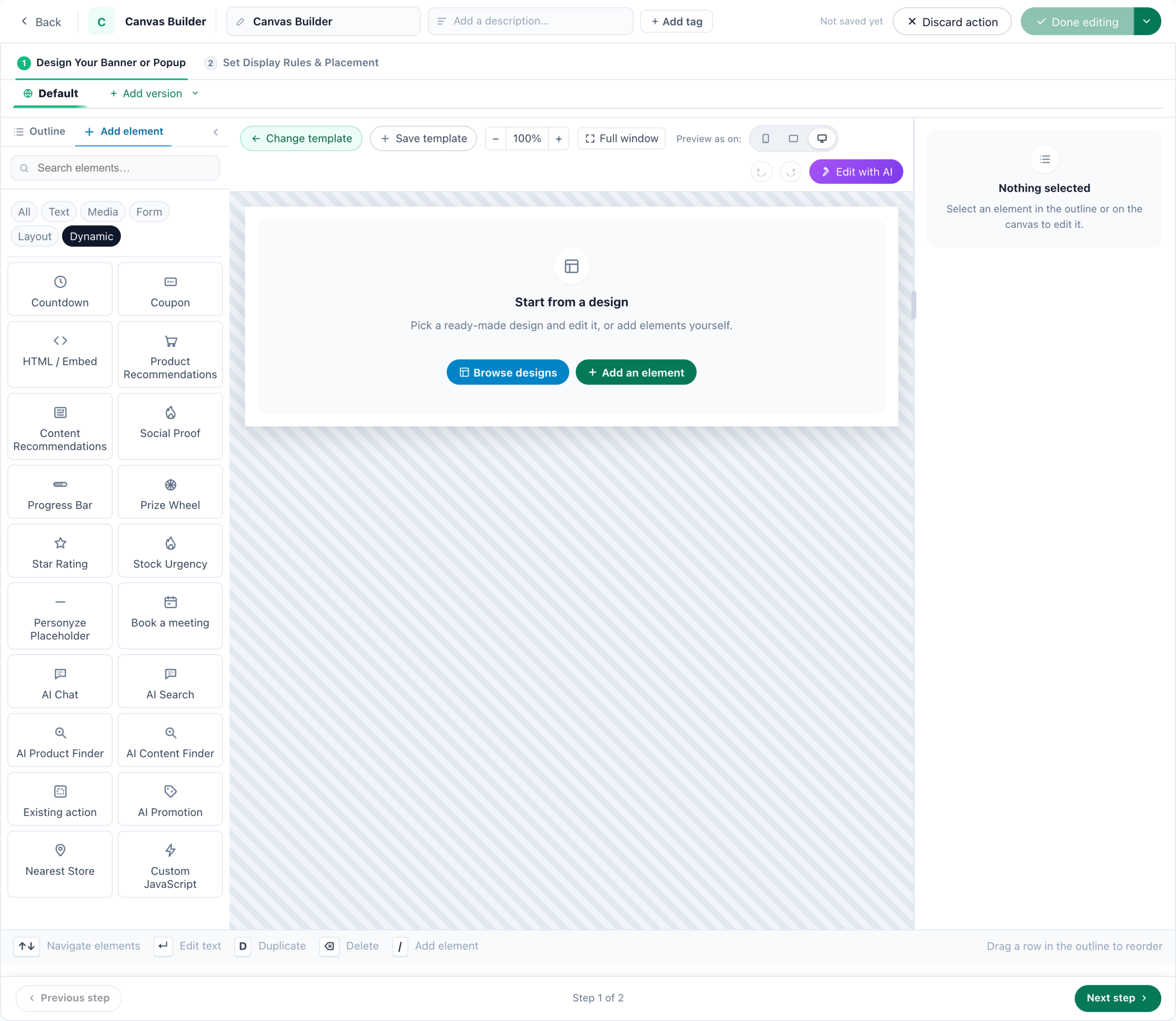 The element library in the Personyze Canvas Builder