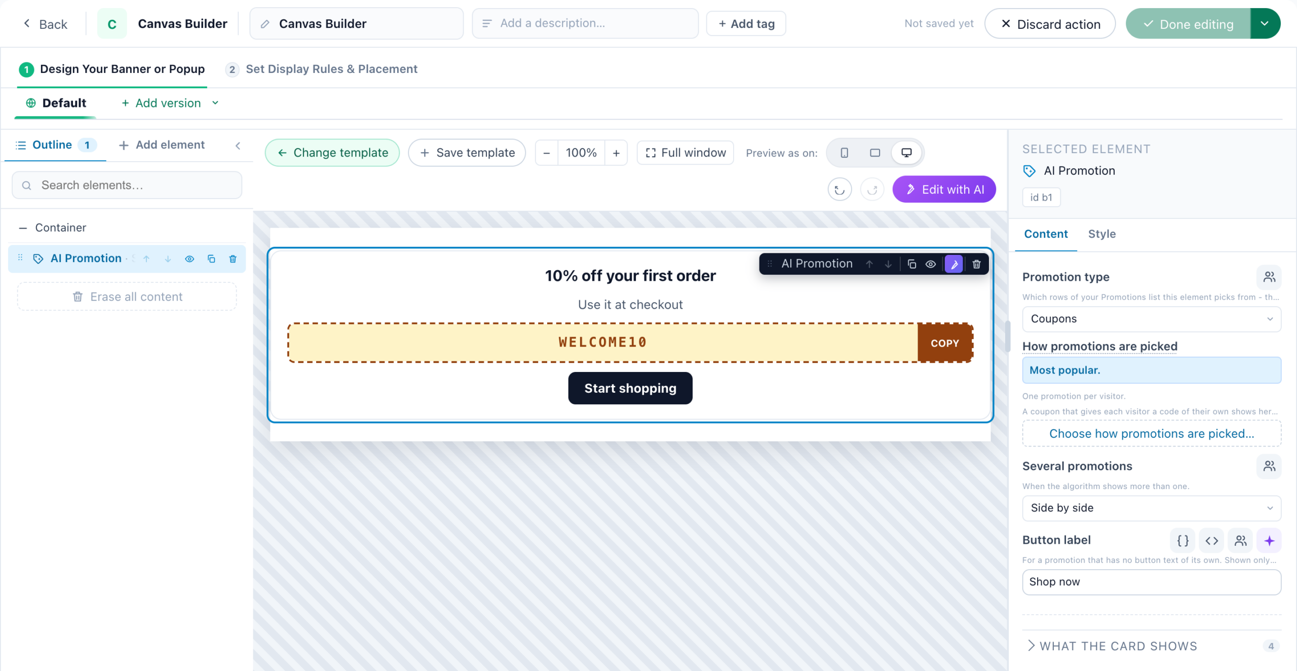 An AI Promotion element selected in the Canvas Builder