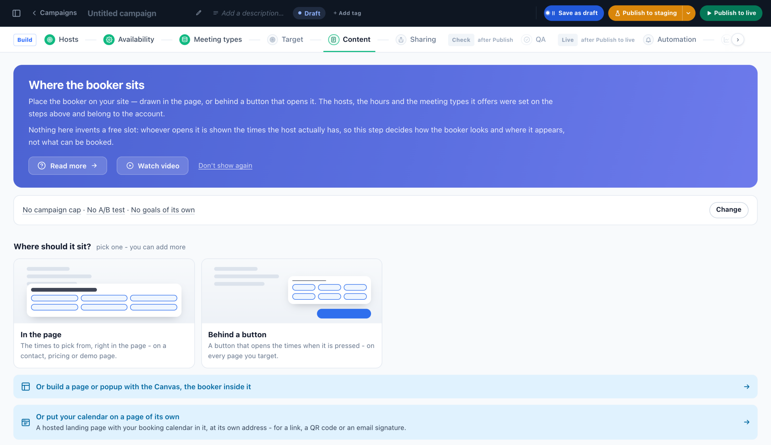 An empty Meetings & Booking campaign’s Content step