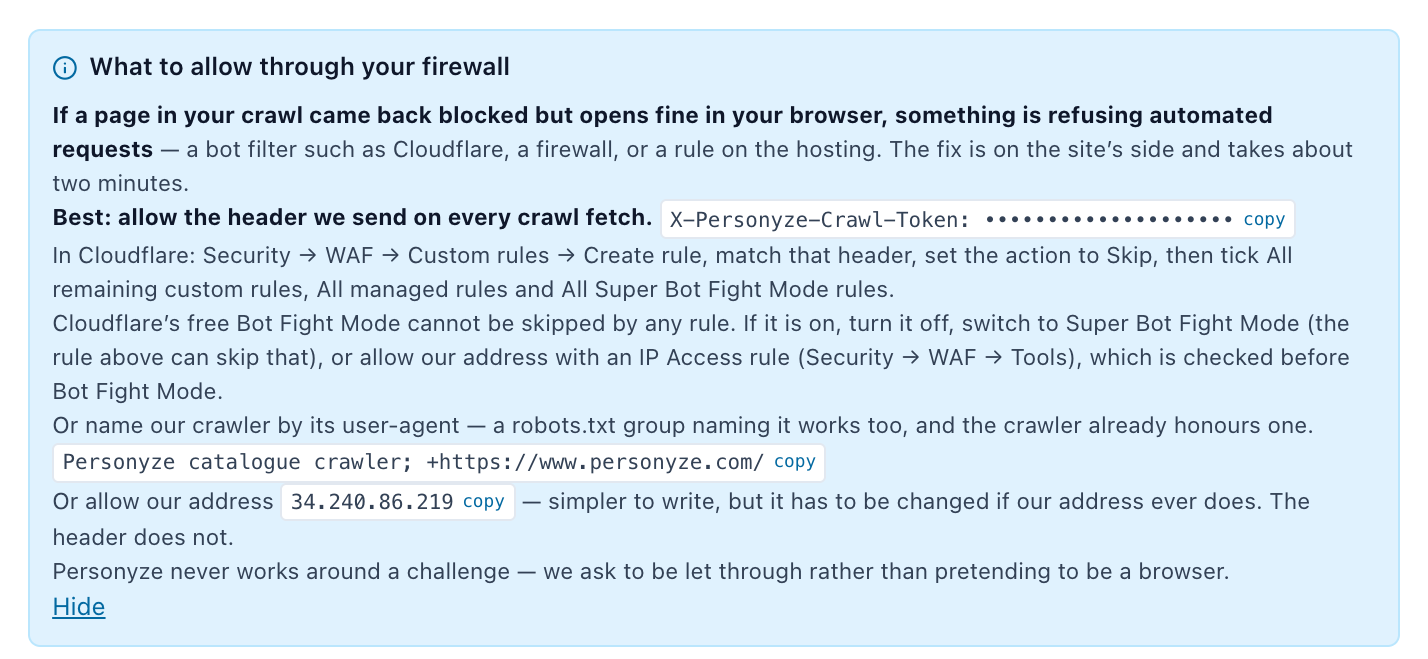 The crawl help box listing the header, user-agent and address to allow