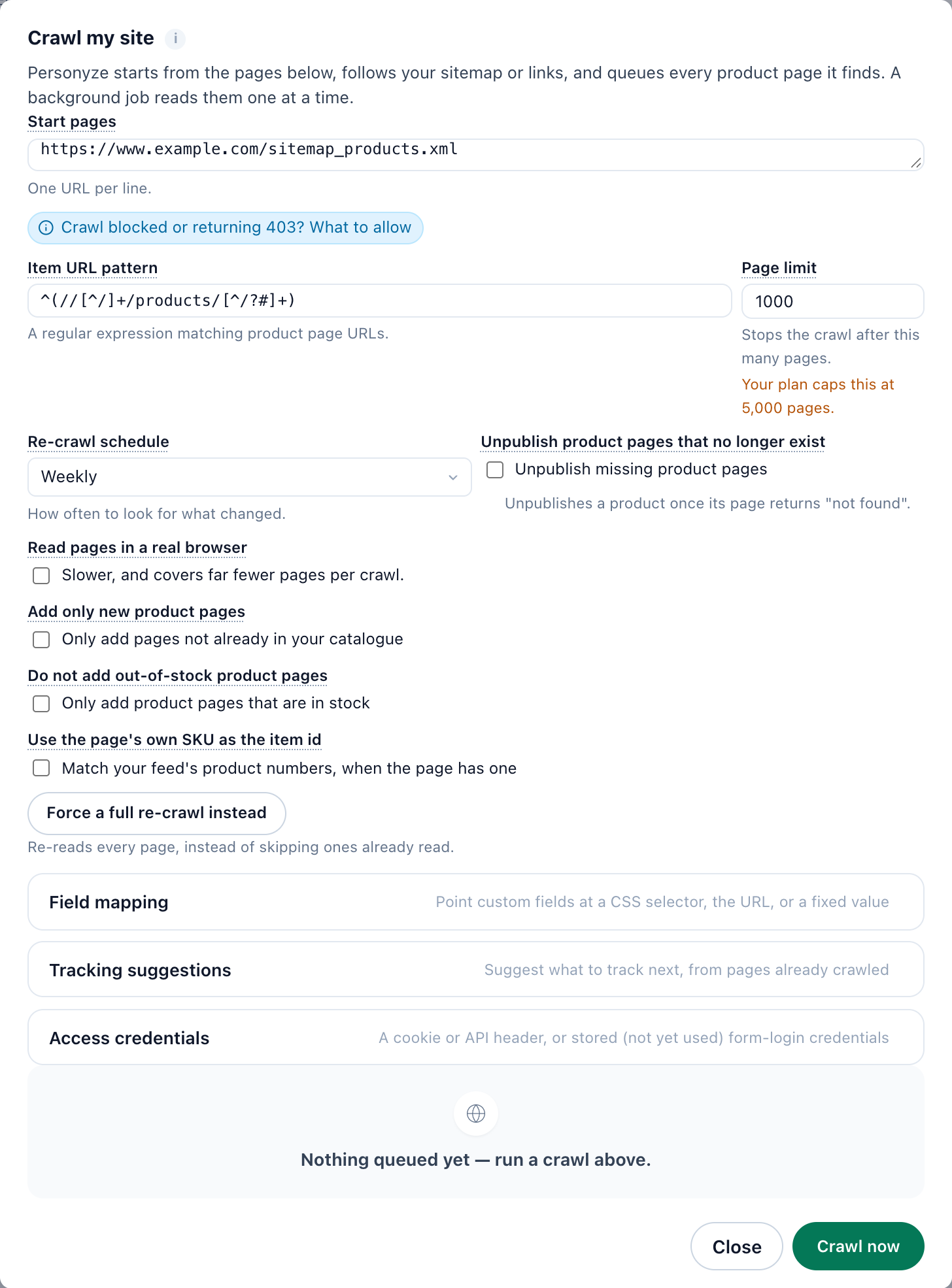 The Crawl my site dialog with all its settings