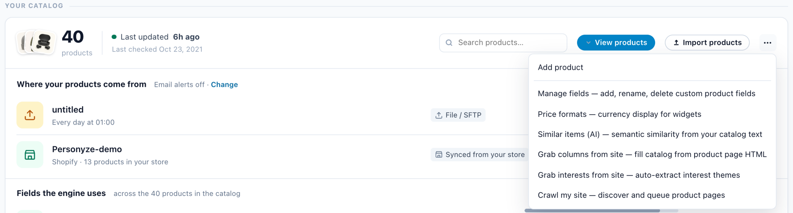The Product Catalog menu with Crawl my site at the bottom
