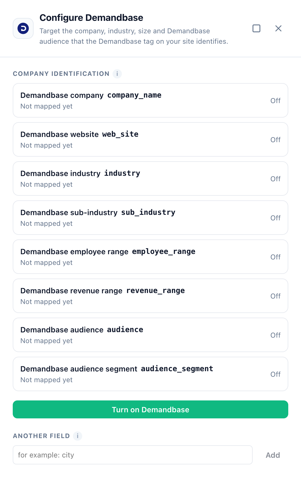 The Demandbase drawer in Personyze, before Turn on Demandbase