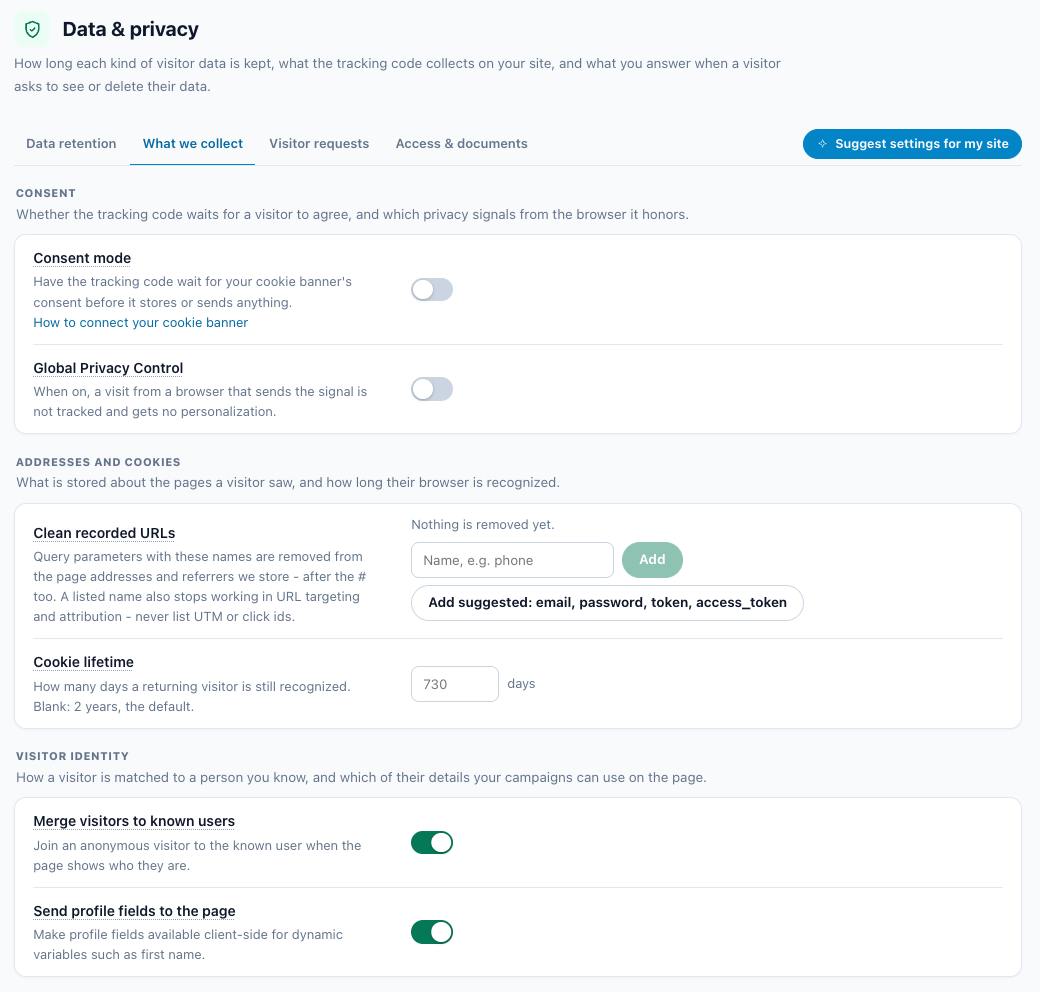 The What we collect tab of Data & privacy: Consent mode, Global Privacy Control, Clean recorded URLs, Cookie lifetime and the visitor identity switches