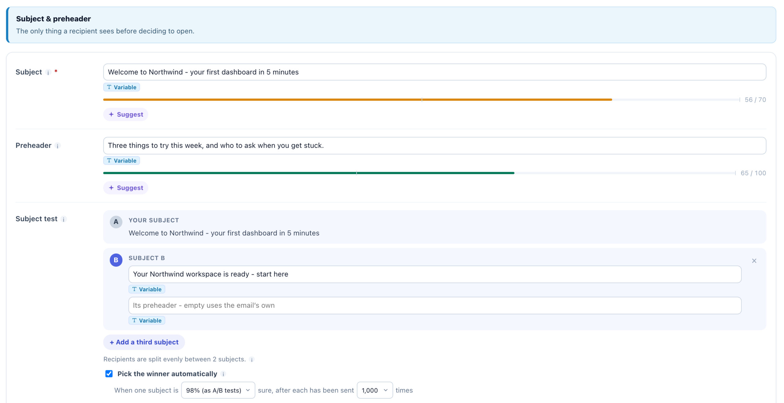Subject and preheader with their length meters and Suggest buttons, and a subject test with Subject B and Pick the winner automatically switched on