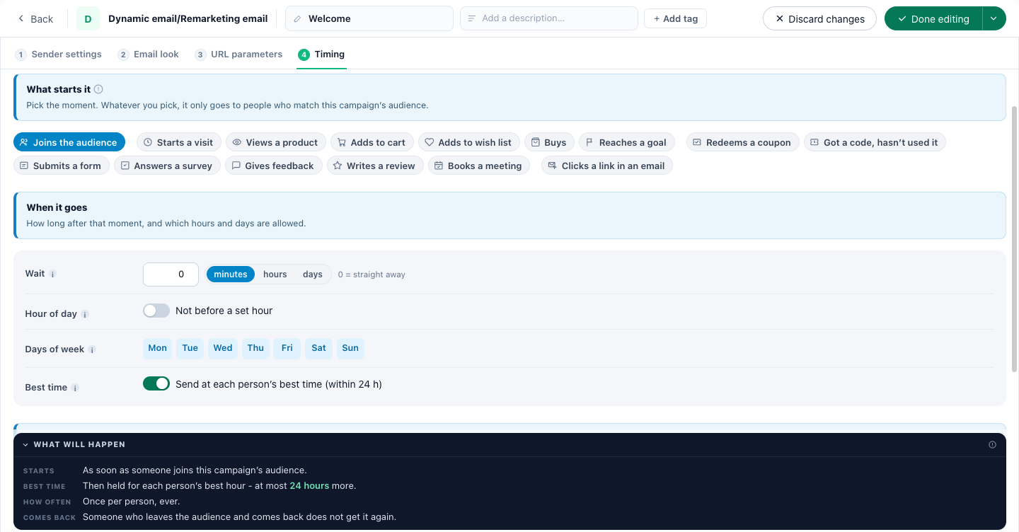 The Timing step of an email: What starts it tiles, When it goes settings with Best time on, and the What will happen summary