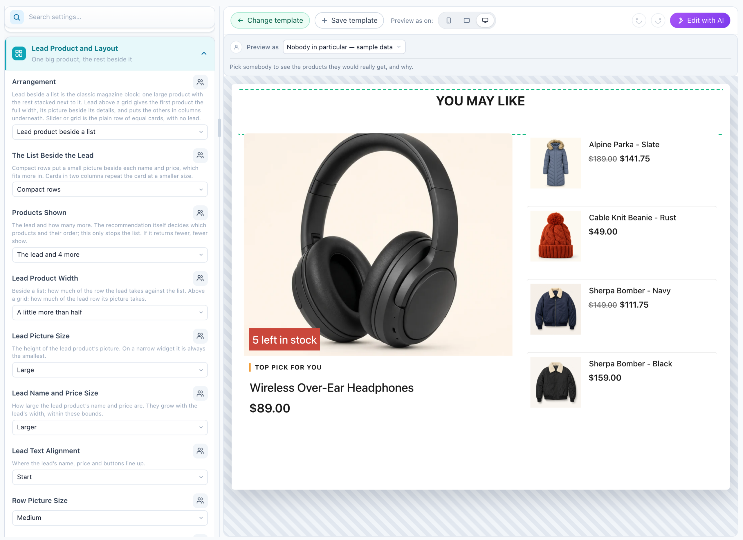 Product Magazine in the design editor with Lead Product and Layout open, Arrangement set to Lead product beside a list, and the preview: one large product beside compact rows