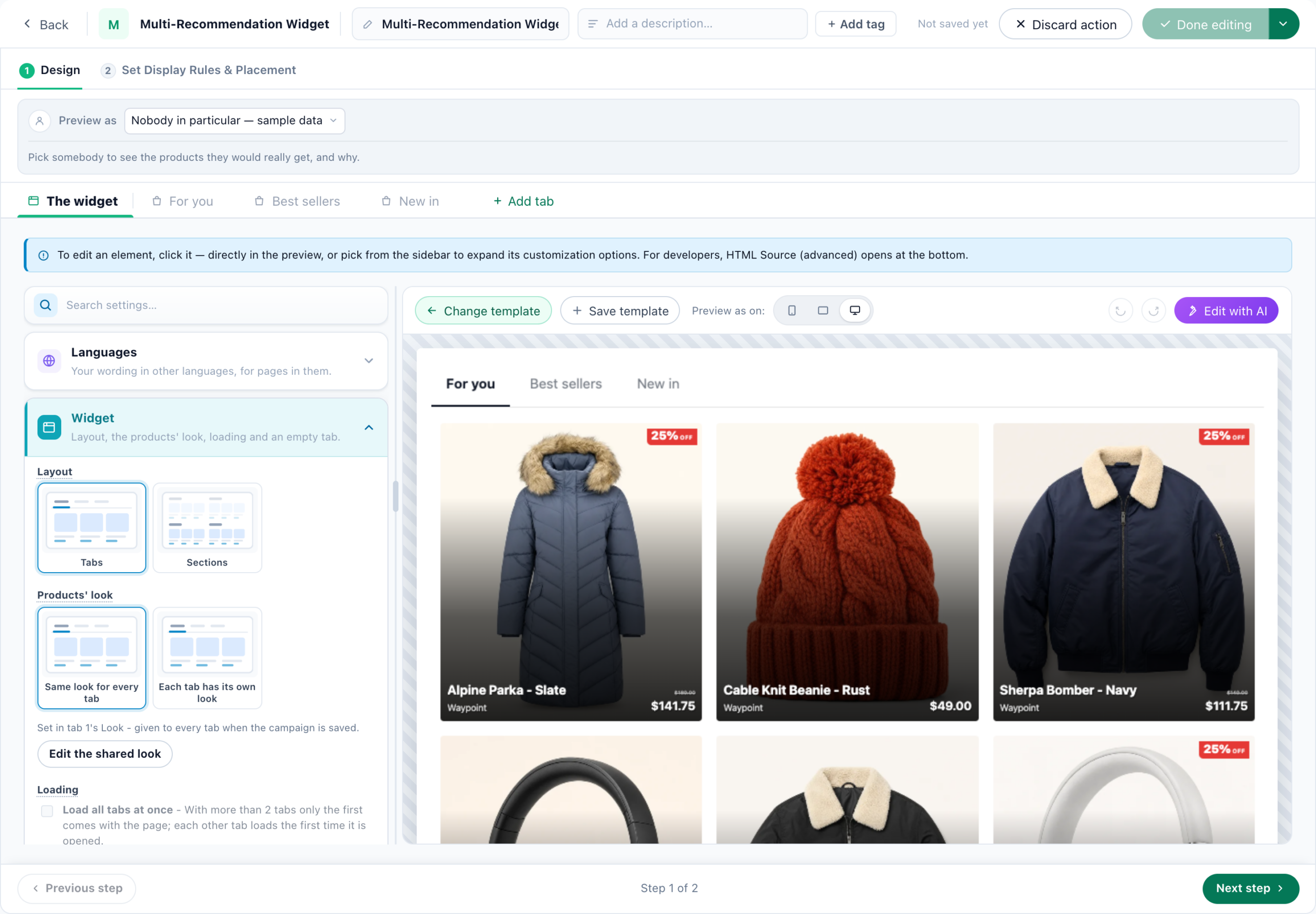 The Design step of a Multi-Recommendation Widget: Preview as, the row The widget, For you, Best sellers, New in and Add tab, the Widget group in the sidebar and the preview of the whole widget