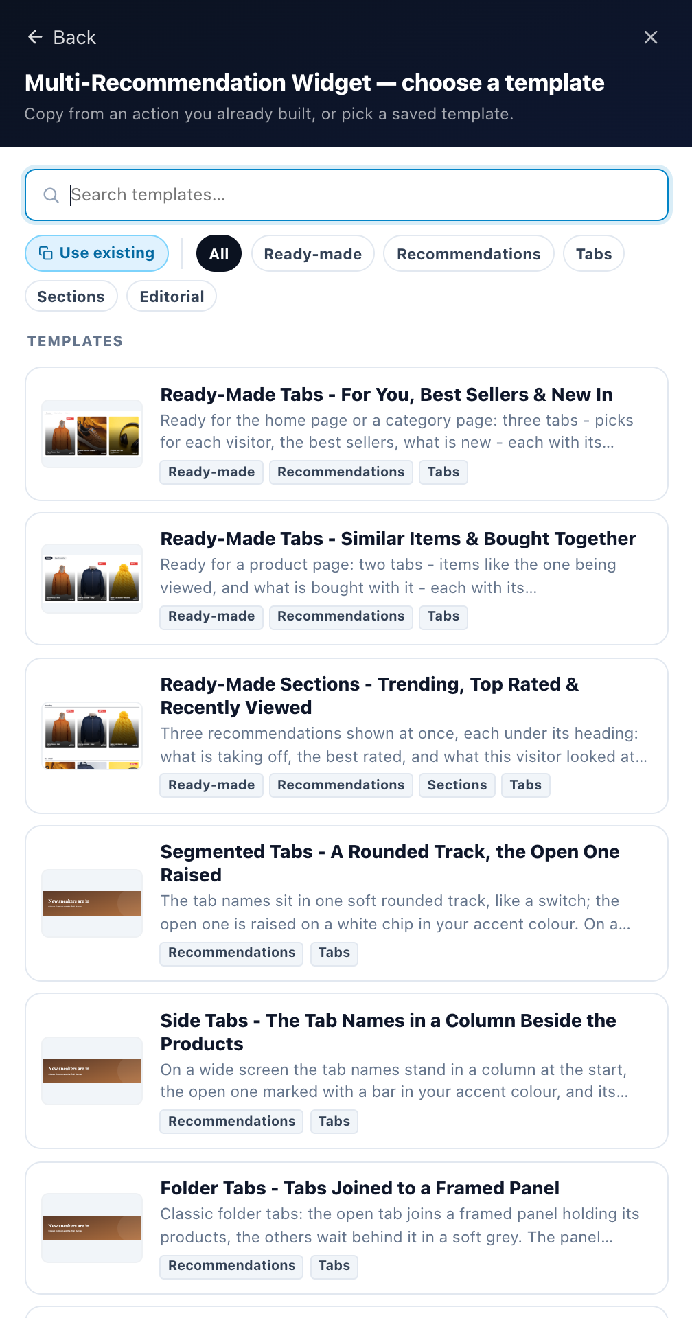 Multi-Recommendation Widget, choose a template: Use existing, the filters All, Ready-made, Recommendations, Tabs, Sections and Editorial, and the ready-made sets first