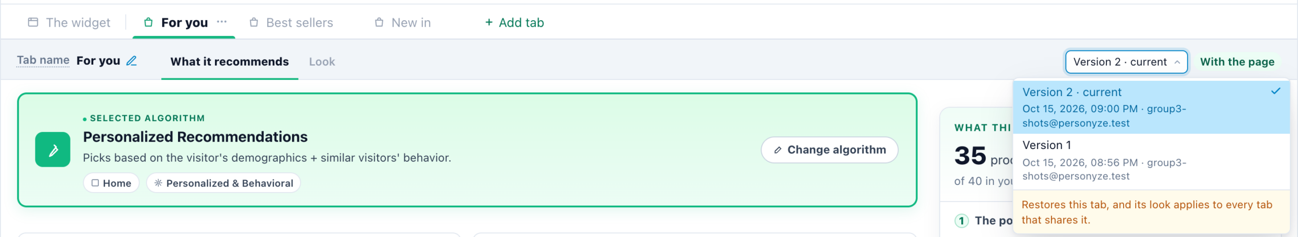 A tab's page with its version picker open: Version 2 current and Version 1, each with when and by whom it was saved, and the note on what a restore brings back