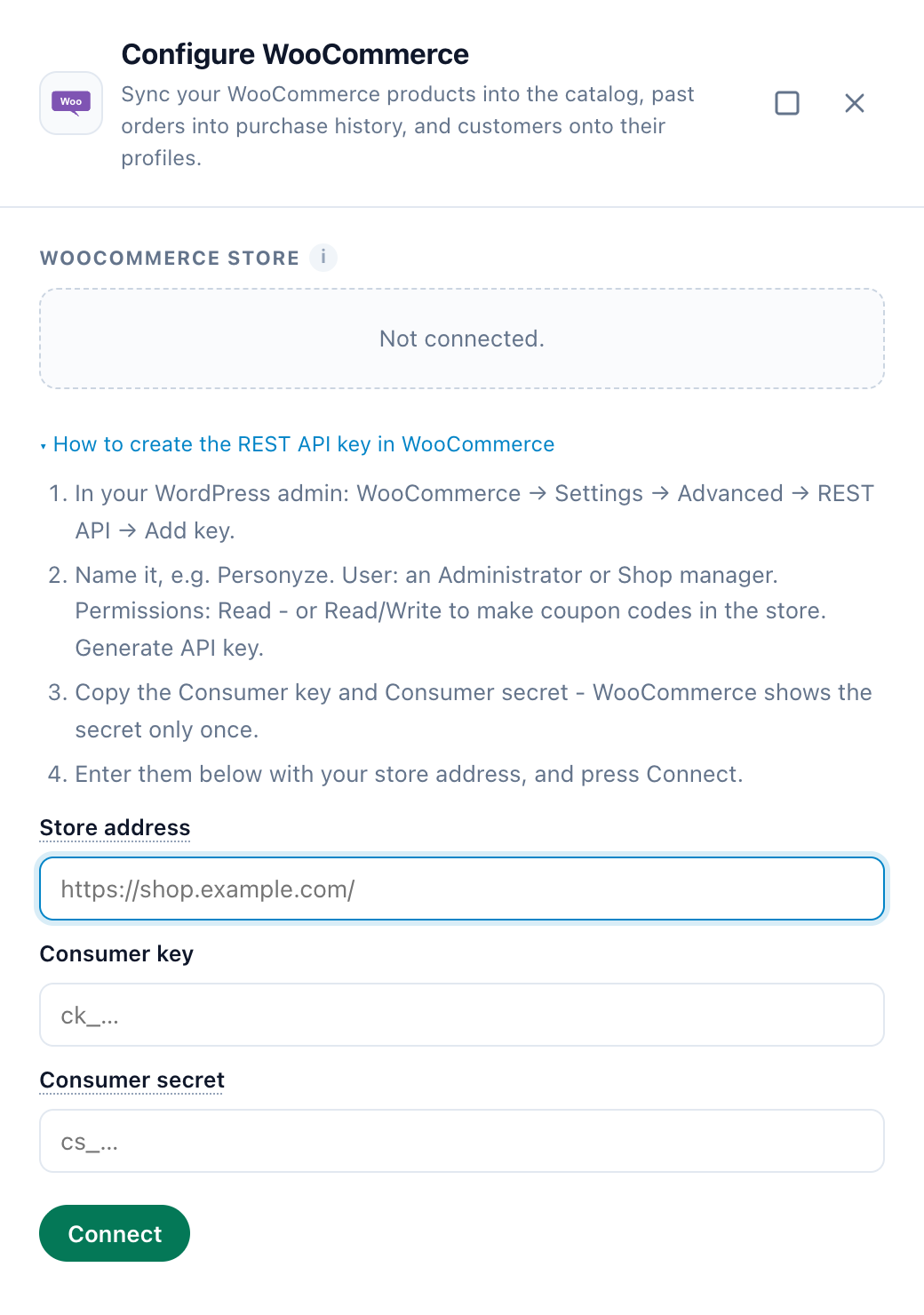 Configure WooCommerce drawer before connecting: Not connected, How to create the REST API key in WooCommerce open, Store address, Consumer key, Consumer secret and Connect