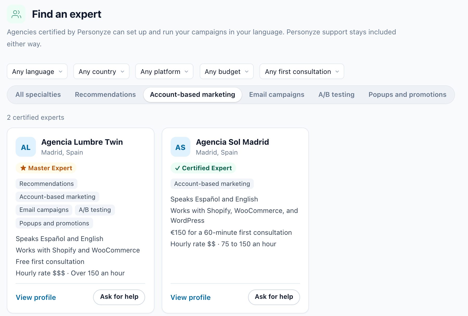 Find an expert: filters for language, country, platform, budget and first consultation, the specialty buttons with Account-based marketing picked, and two expert cards with View profile and Ask for help