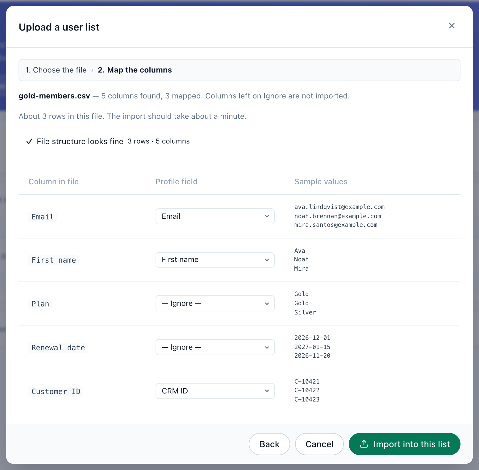 Step 2, Map the columns, of uploading a user list: each column in the file beside a Profile field and sample values