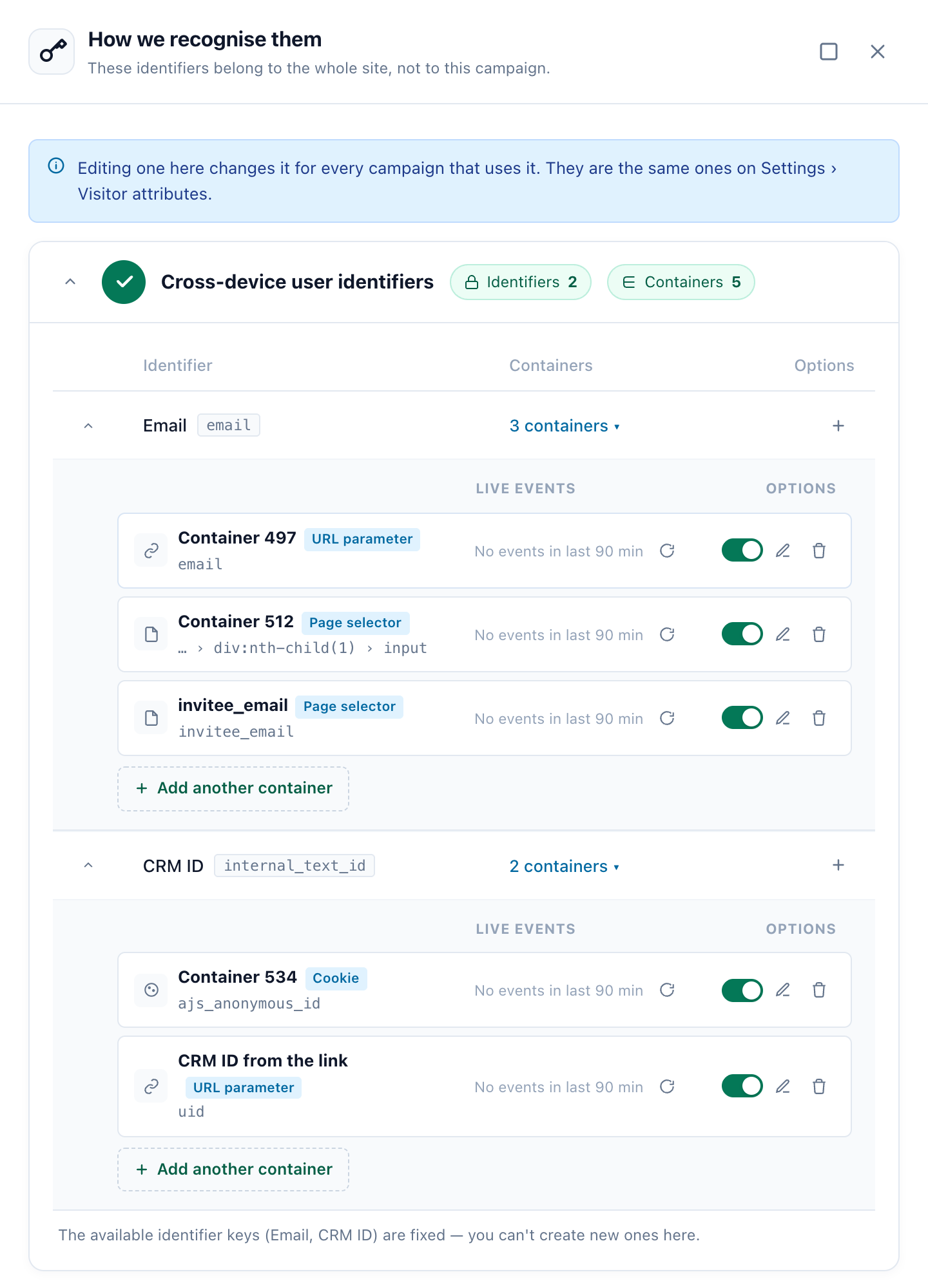 The How we recognise them drawer: the Email and CRM ID identifiers with their containers, live events and switches