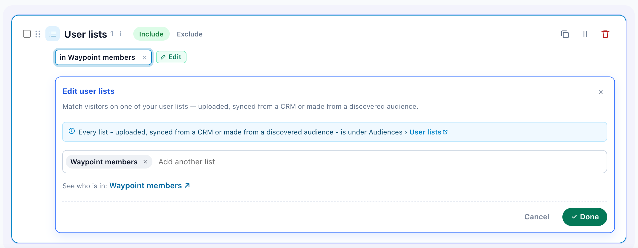 The User lists rule on the Target step, open in Edit user lists, with See who is in linking the chosen list