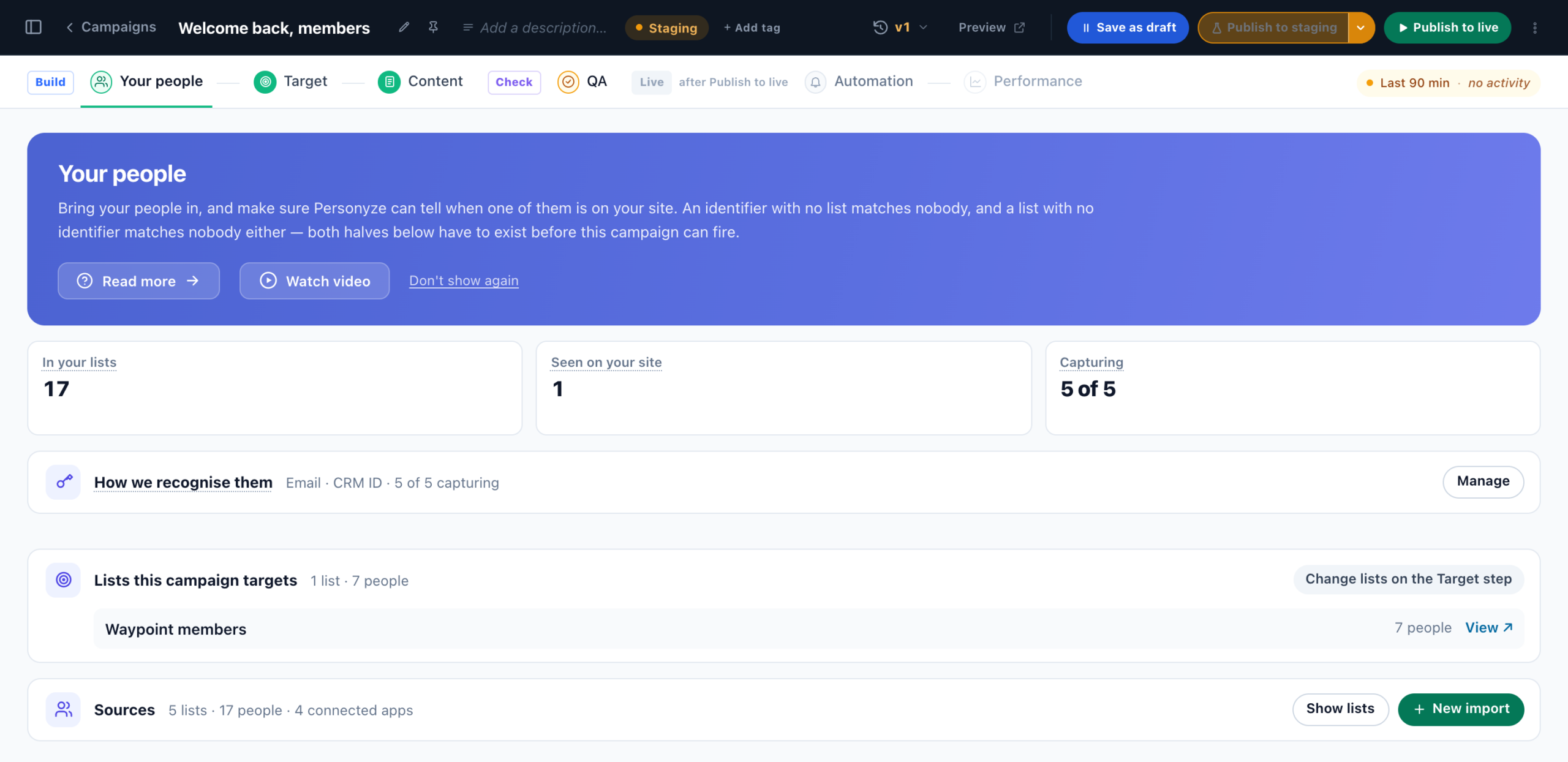 The Your people step of a CRM / User-List Targeting campaign: three tiles, How we recognise them, Lists this campaign targets and the folded Sources line