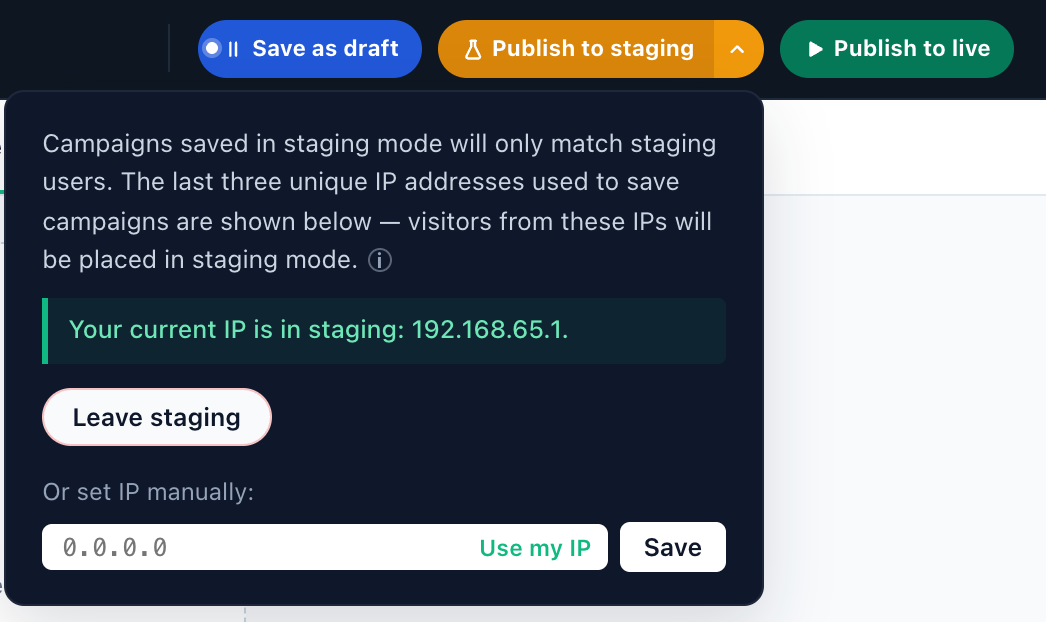 The campaign top bar: Save as draft, Publish to staging with its staging panel open, and Publish to live