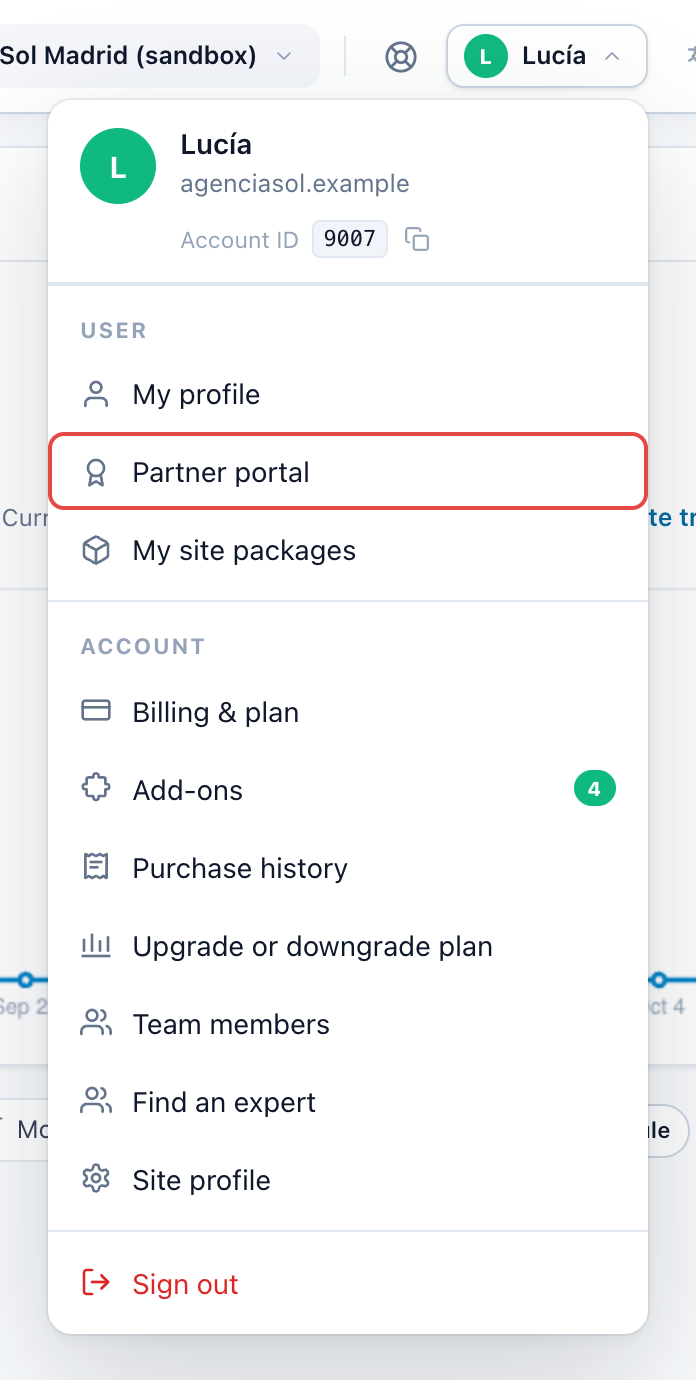 The panel account menu with the Partner portal row outlined
