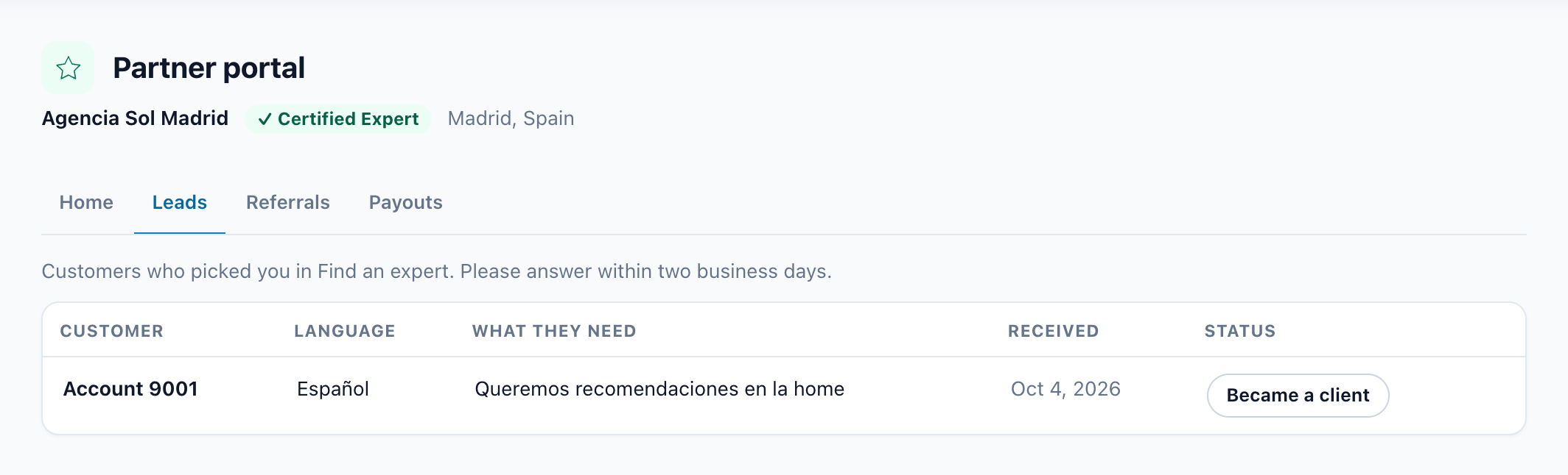 Leads tab with one accepted request and the Became a client button