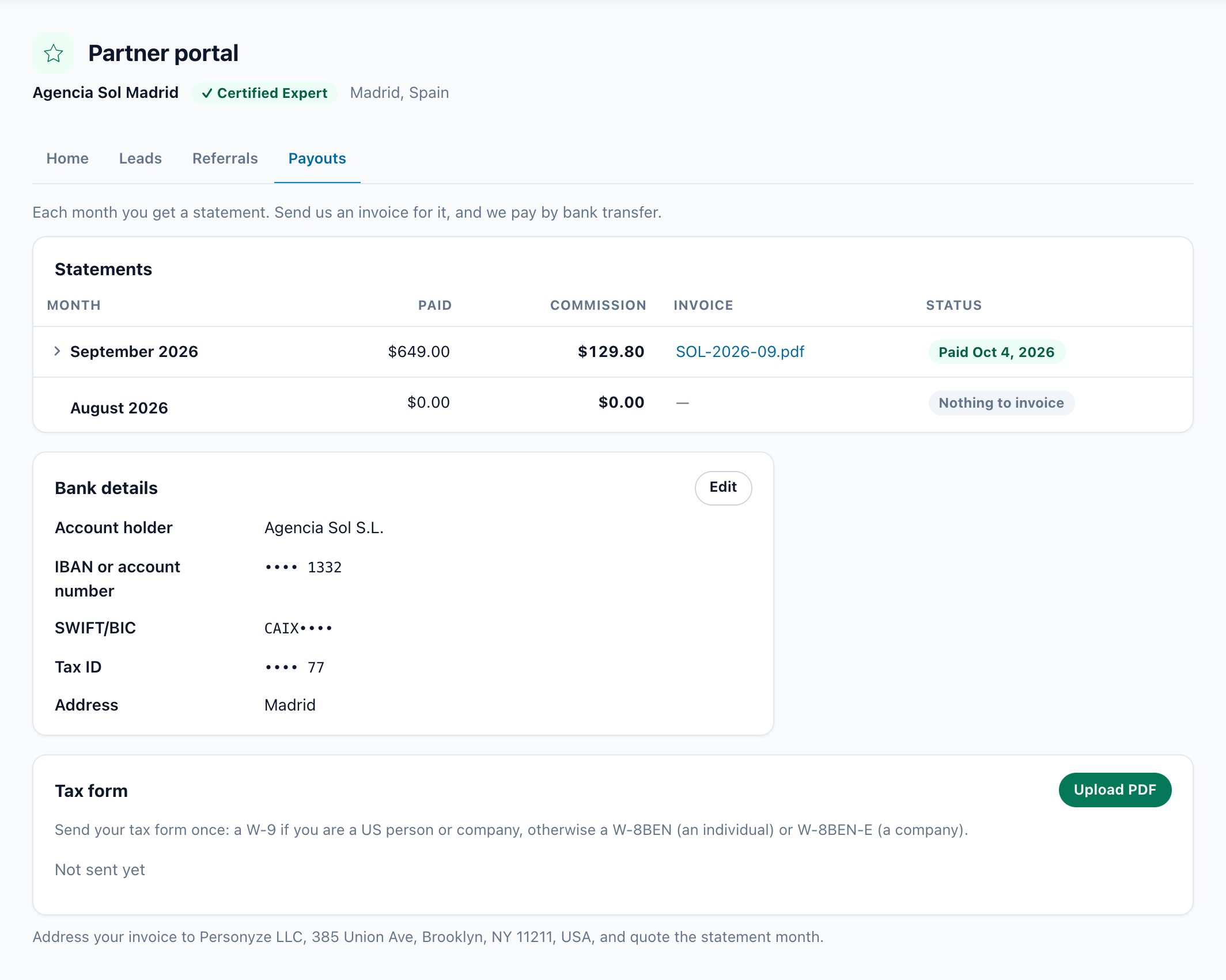 Payouts tab: Statements, Bank details and Tax form