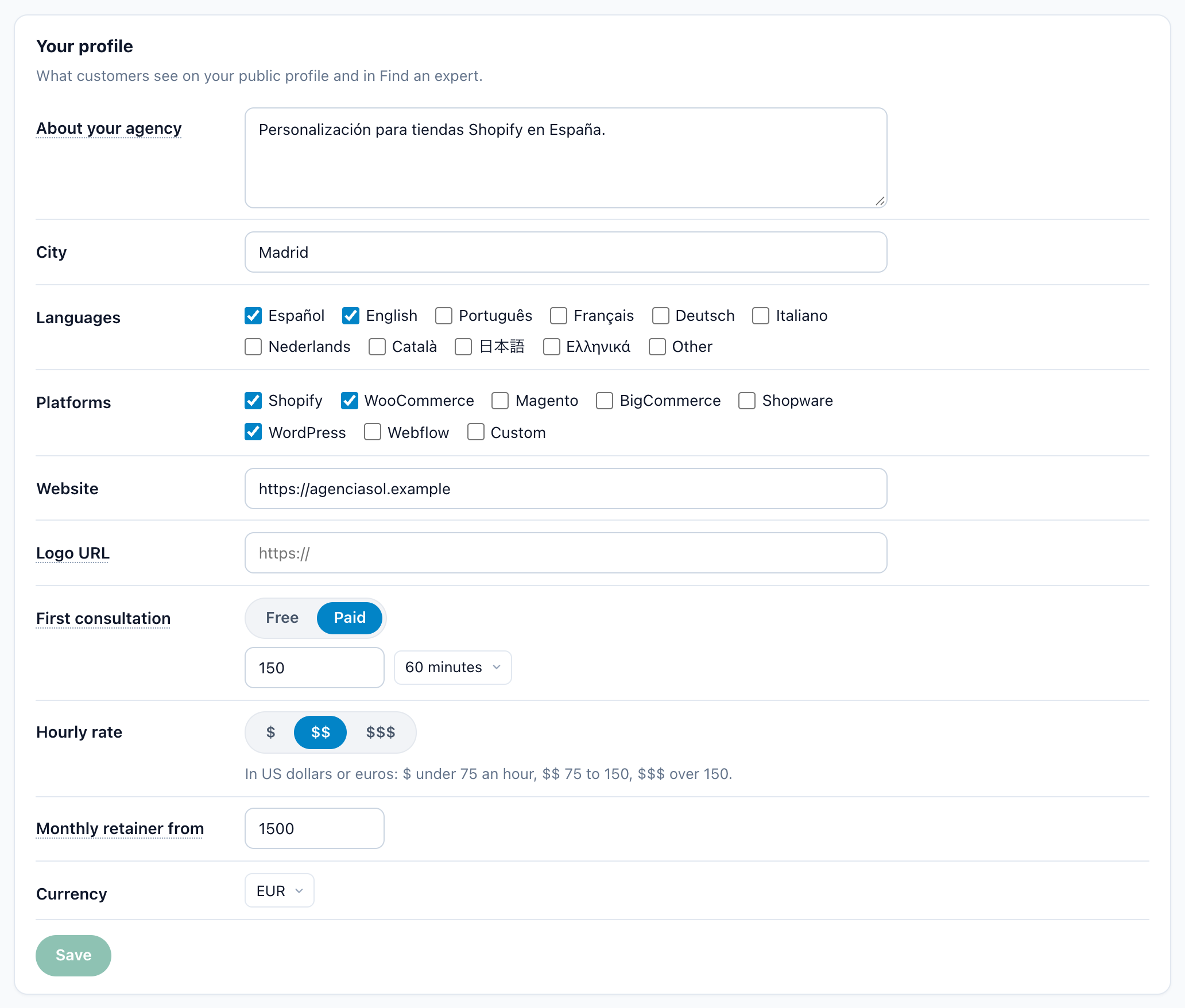 Your profile card: About your agency, City, Languages, Platforms, Website, Logo URL, First consultation, Hourly rate, Monthly retainer from and Currency