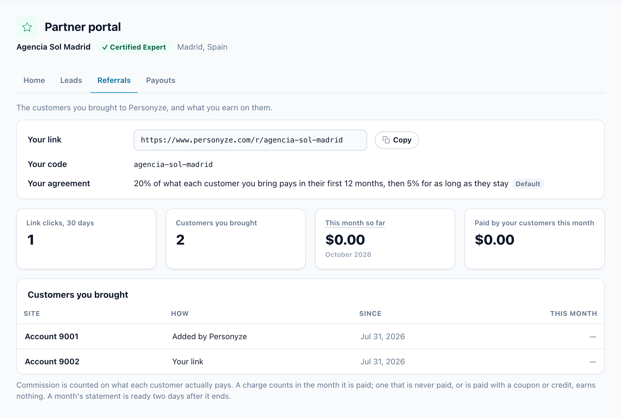 Referrals tab: Your link, Your code, Your agreement, four figures and Customers you brought