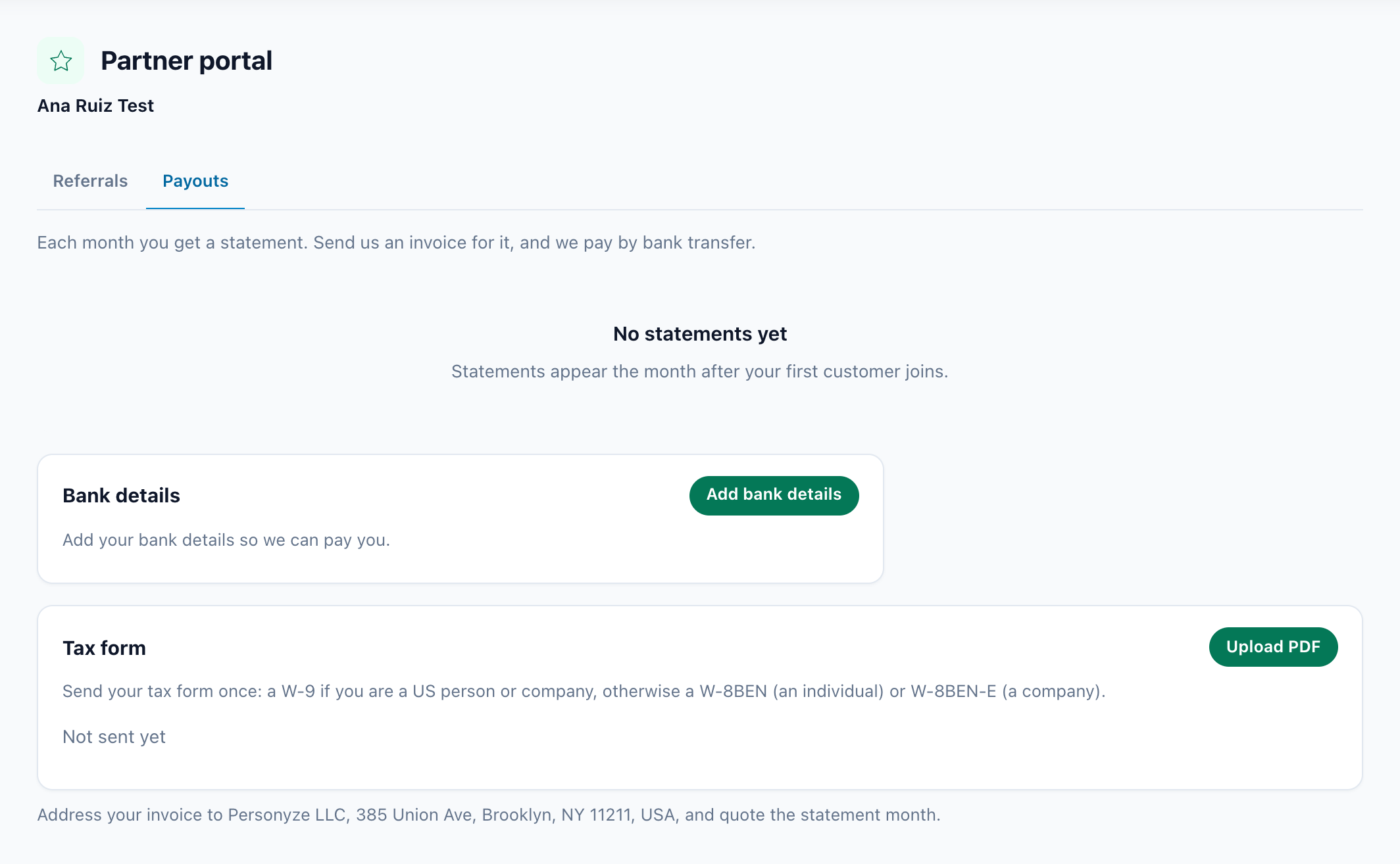 A referral partner Payouts tab with no statements yet, Add bank details and the Tax form
