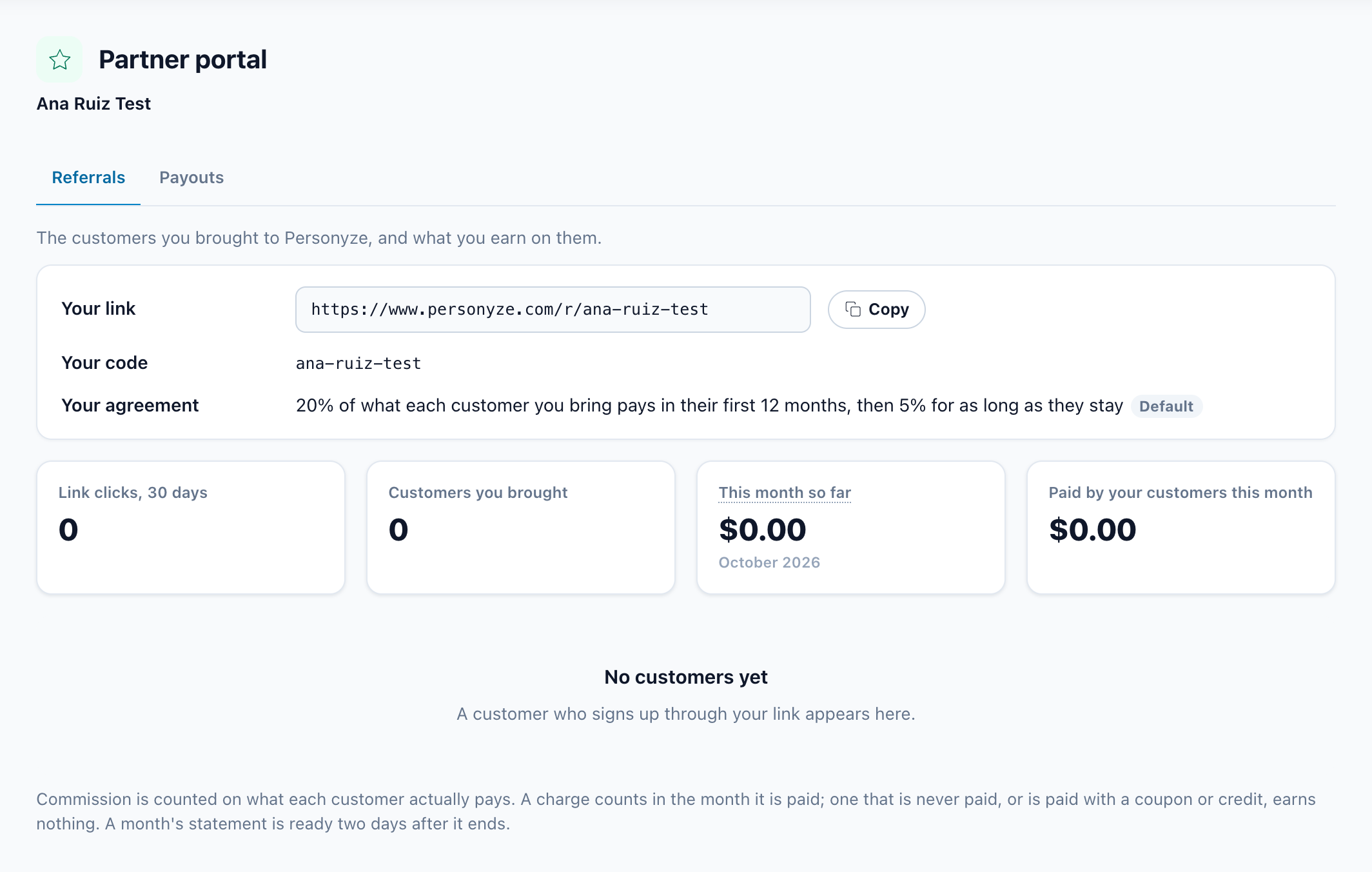 A referral partner portal with only the Referrals and Payouts tabs, on Referrals with no customers yet