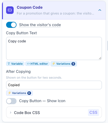 Show the visitor's code switch under Coupon Code