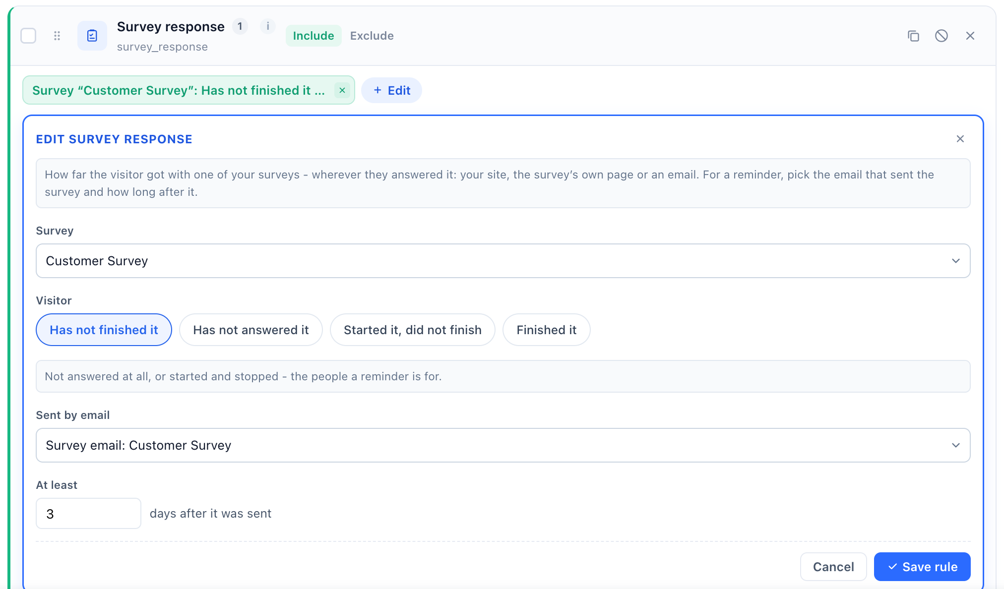 The Survey response rule open in an email campaign’s Target step