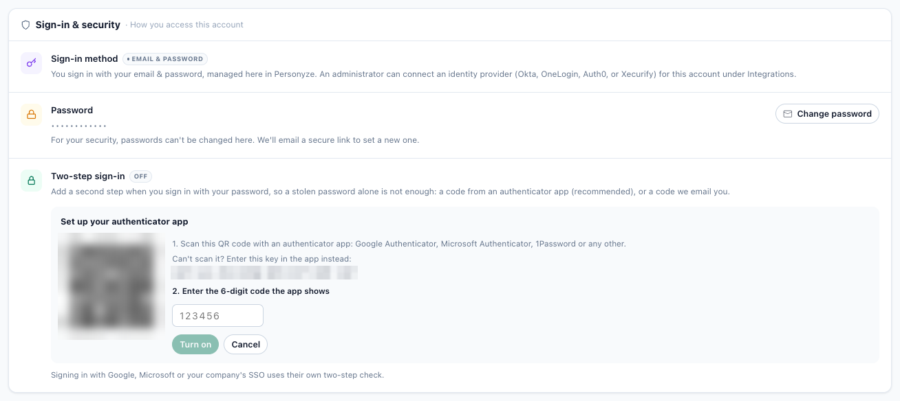 My profile, Sign-in & security, Two-step sign-in: the Set up your authenticator app panel with a QR code to scan and a box for the 6-digit code